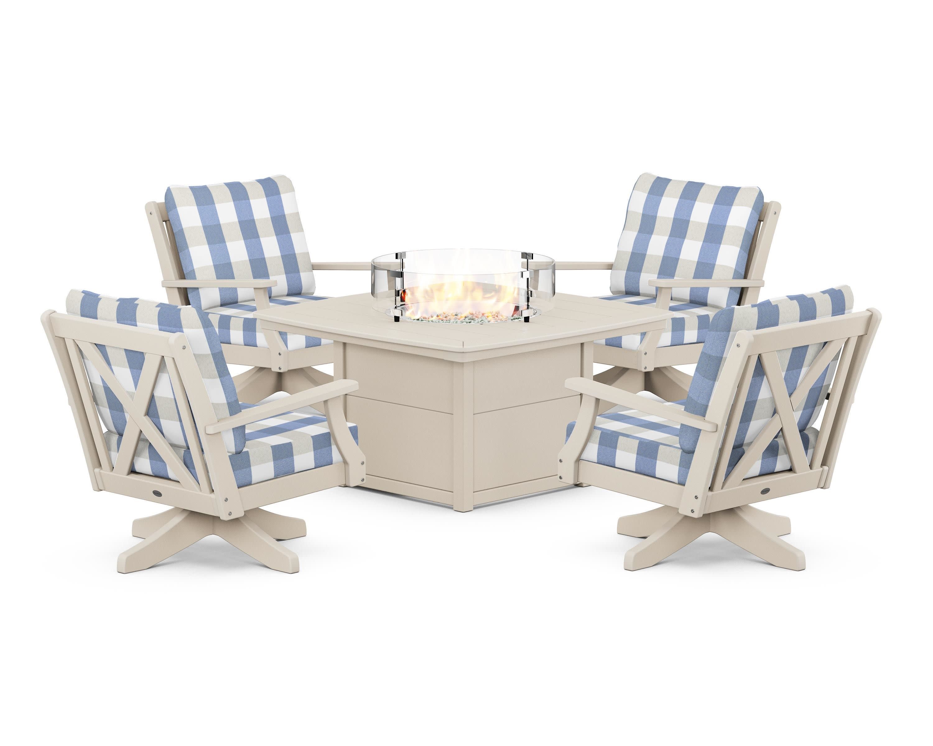 Braxton 5-Piece Deep Seating Swivel Conversation Set with Fire Pit Table in Sand / Buffalo Plaid Sky Blue