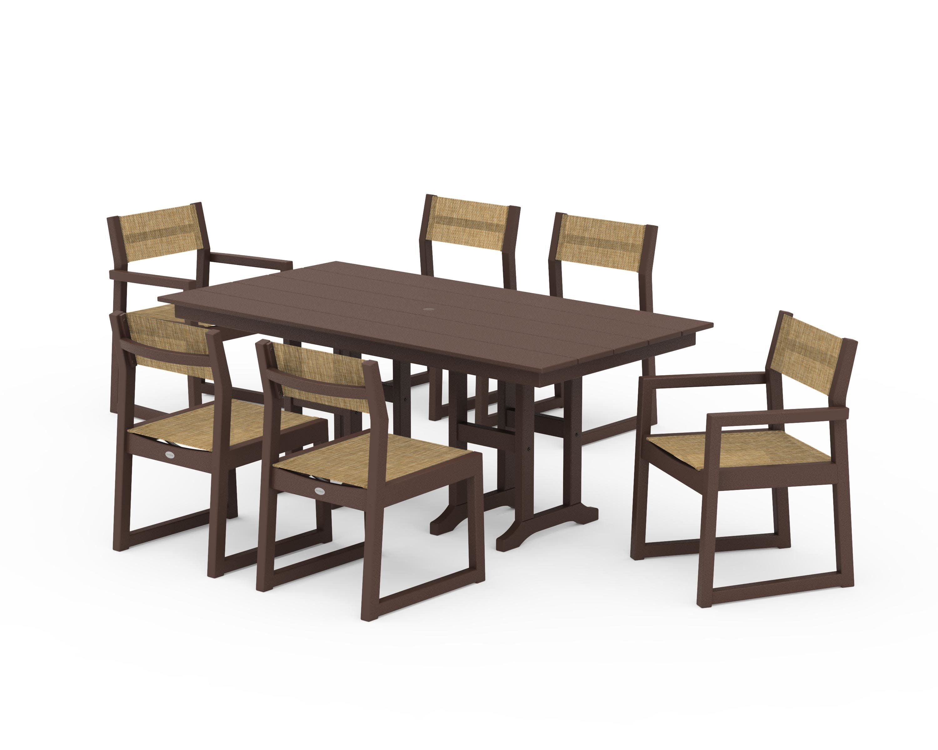 EDGE Sling 7-Piece Farmhouse Dining Set in Mahogany / Burlap Sling