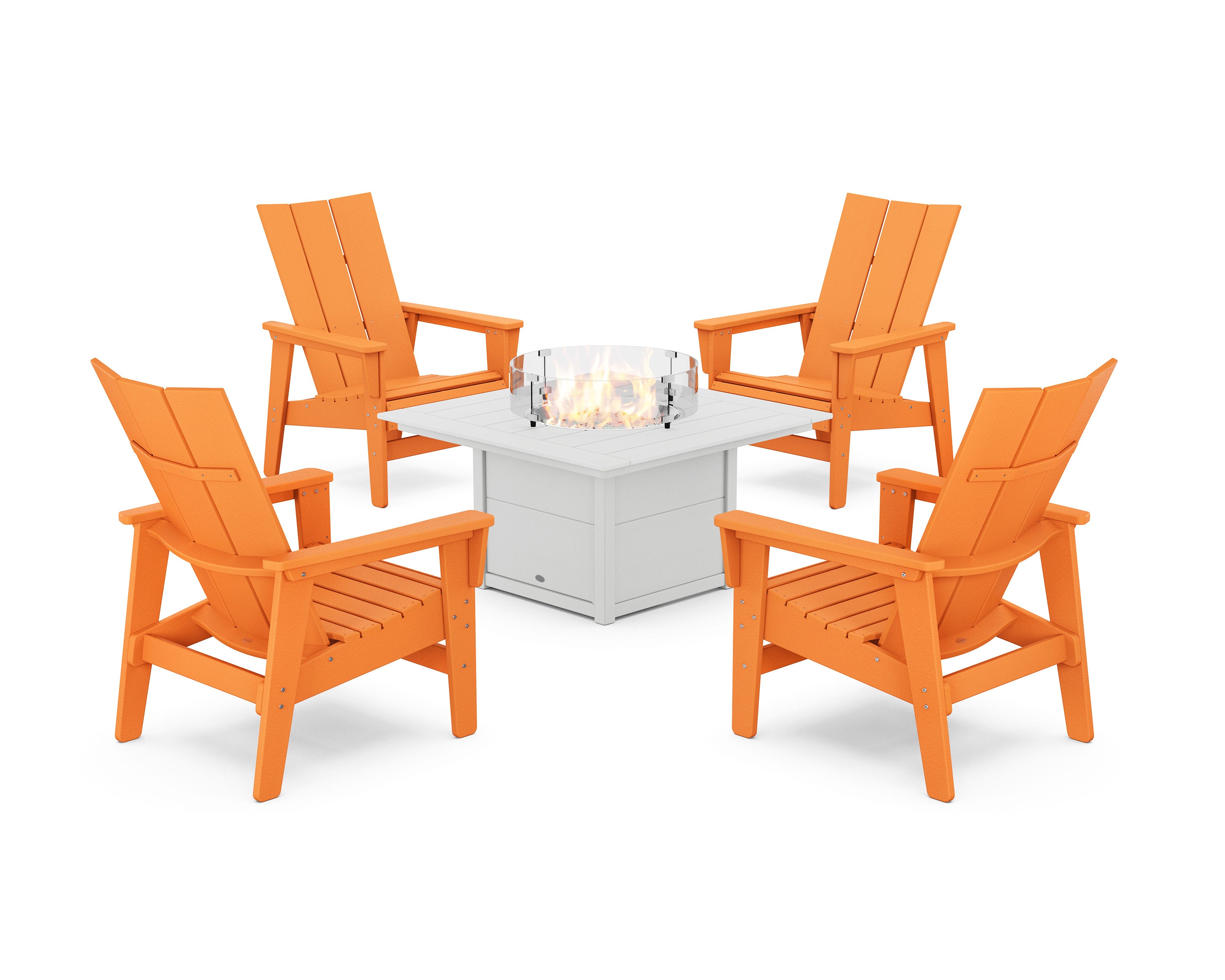 5-Piece Modern Grand Upright Adirondack Conversation Set with Fire Pit Table in Tangerine / White