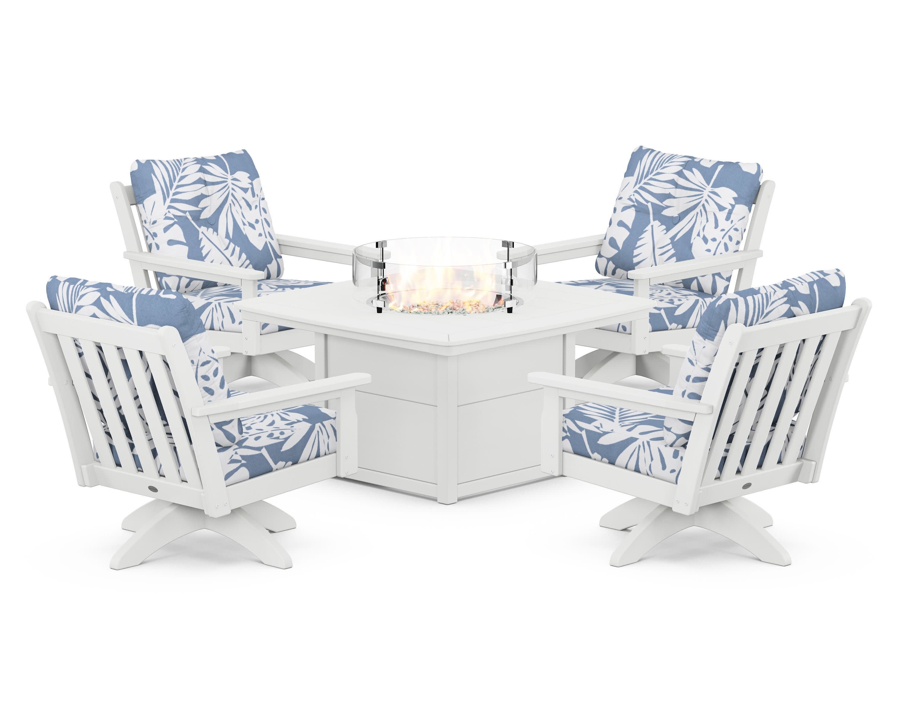 Vineyard 5-Piece Deep Seating Swivel Conversation Set with Fire Pit Table in White / Leaf Sky Blue