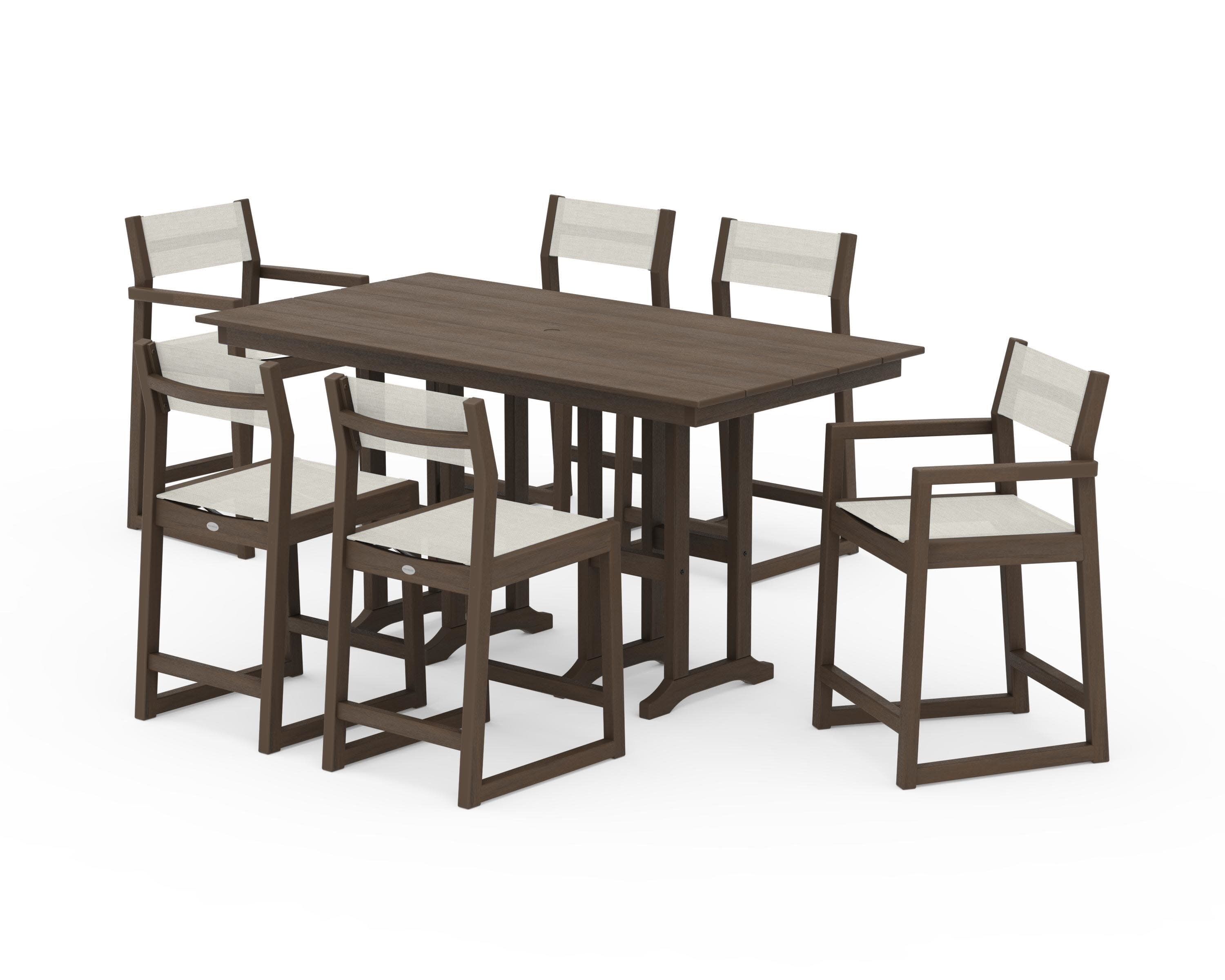 EDGE Sling 7-Piece Farmhouse Counter Set with Trestle Legs in Kona / Parchment Sling