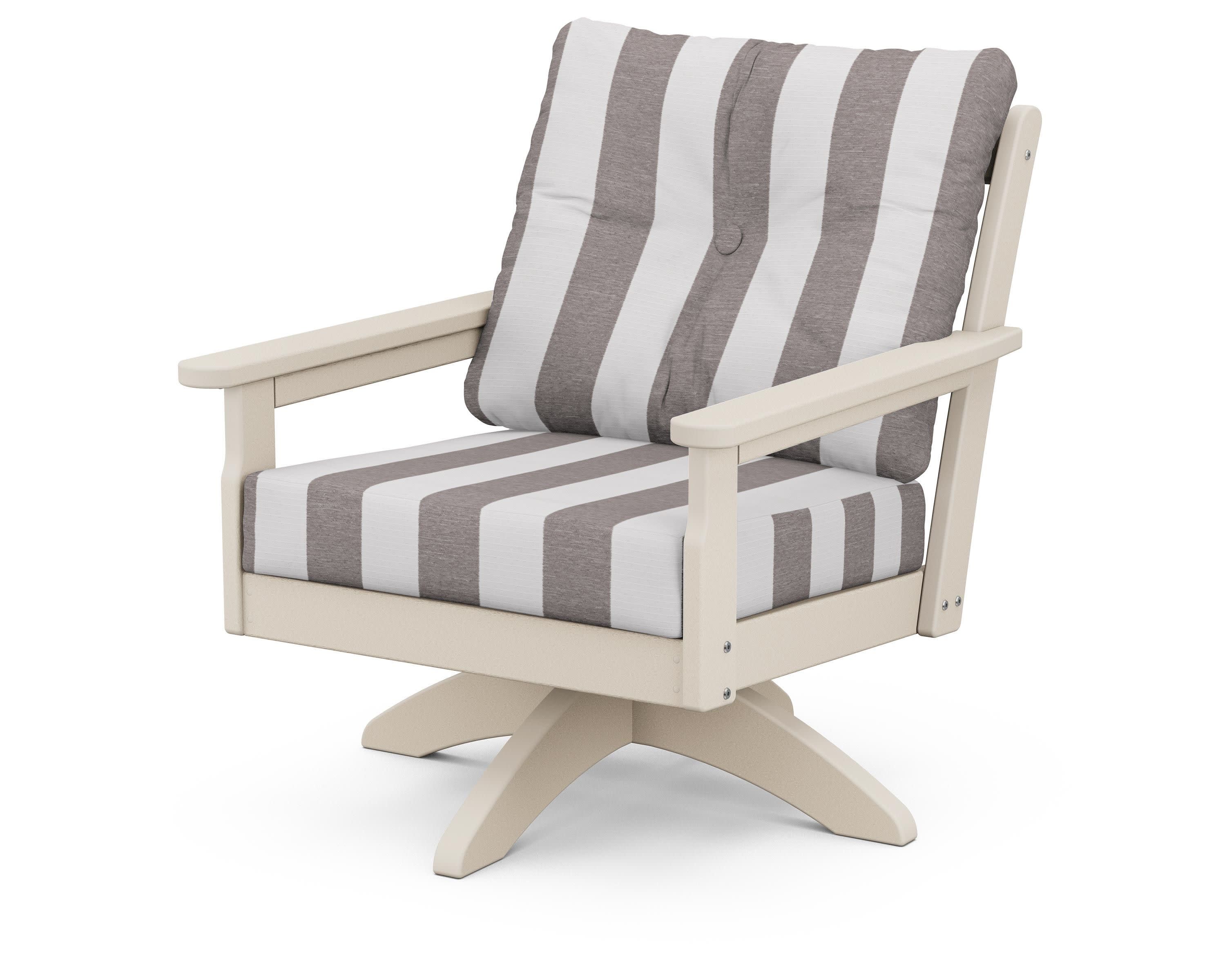 Vineyard Deep Seating Swivel Chair in Sand / Cabana Stripe Grey Mist