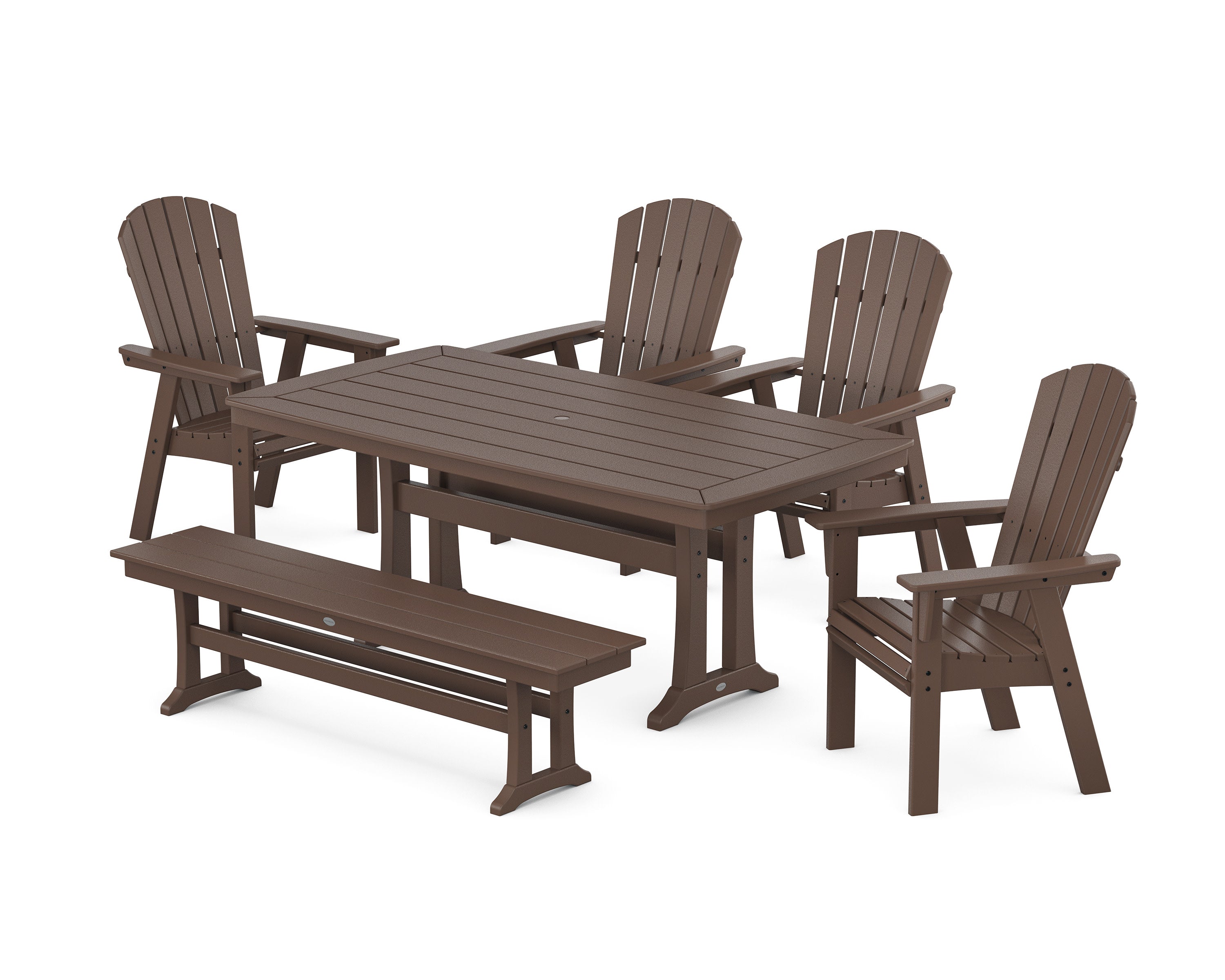 Nautical Curveback Adirondack 6-Piece Dining Set with Trestle Legs and Bench in Mahogany