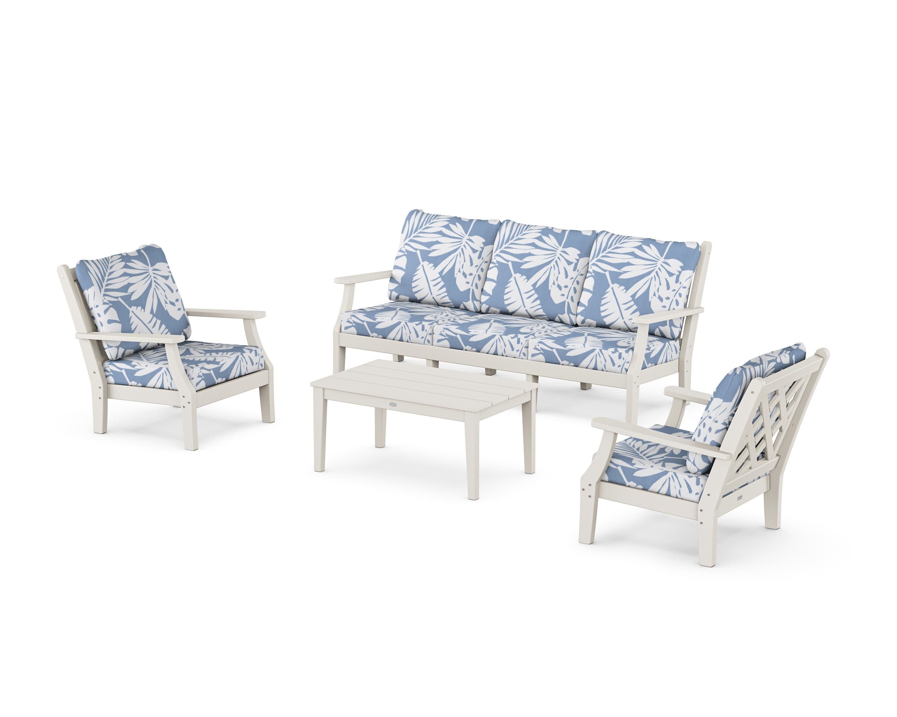 Wovendale 4-Piece Deep Seating Set with Sofa in Sand / Leaf Sky Blue