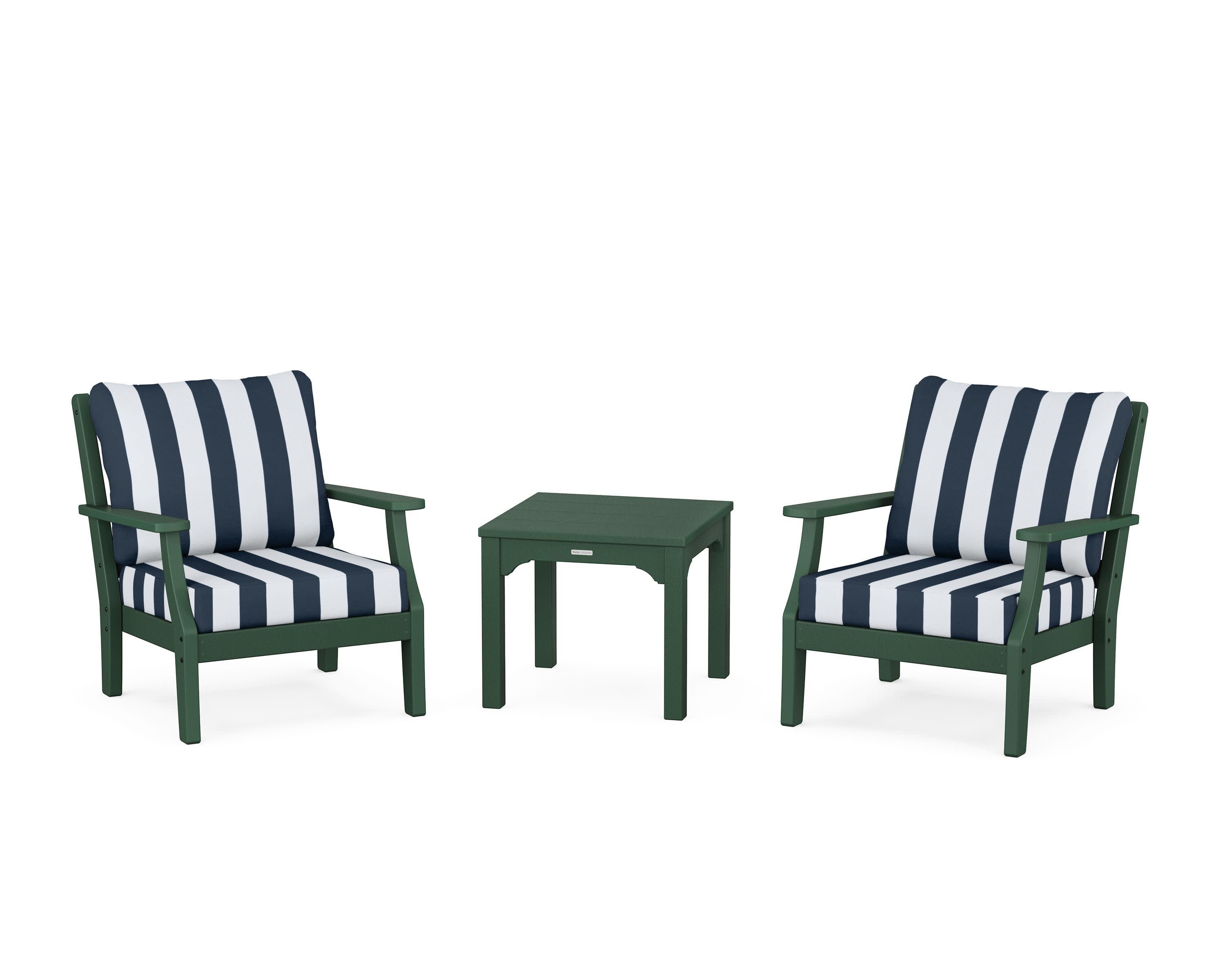 Chinoiserie 3-Piece Deep Seating Set in Green / Cabana Stripe Marine Indigo