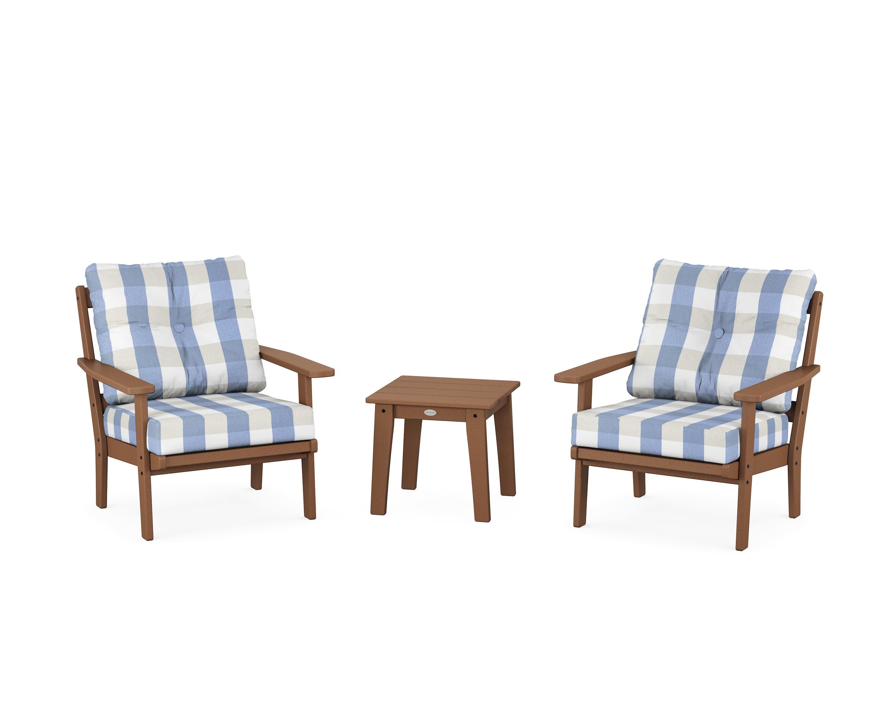 Oxford 3-Piece Deep Seating Set in Teak / Buffalo Plaid Sky Blue