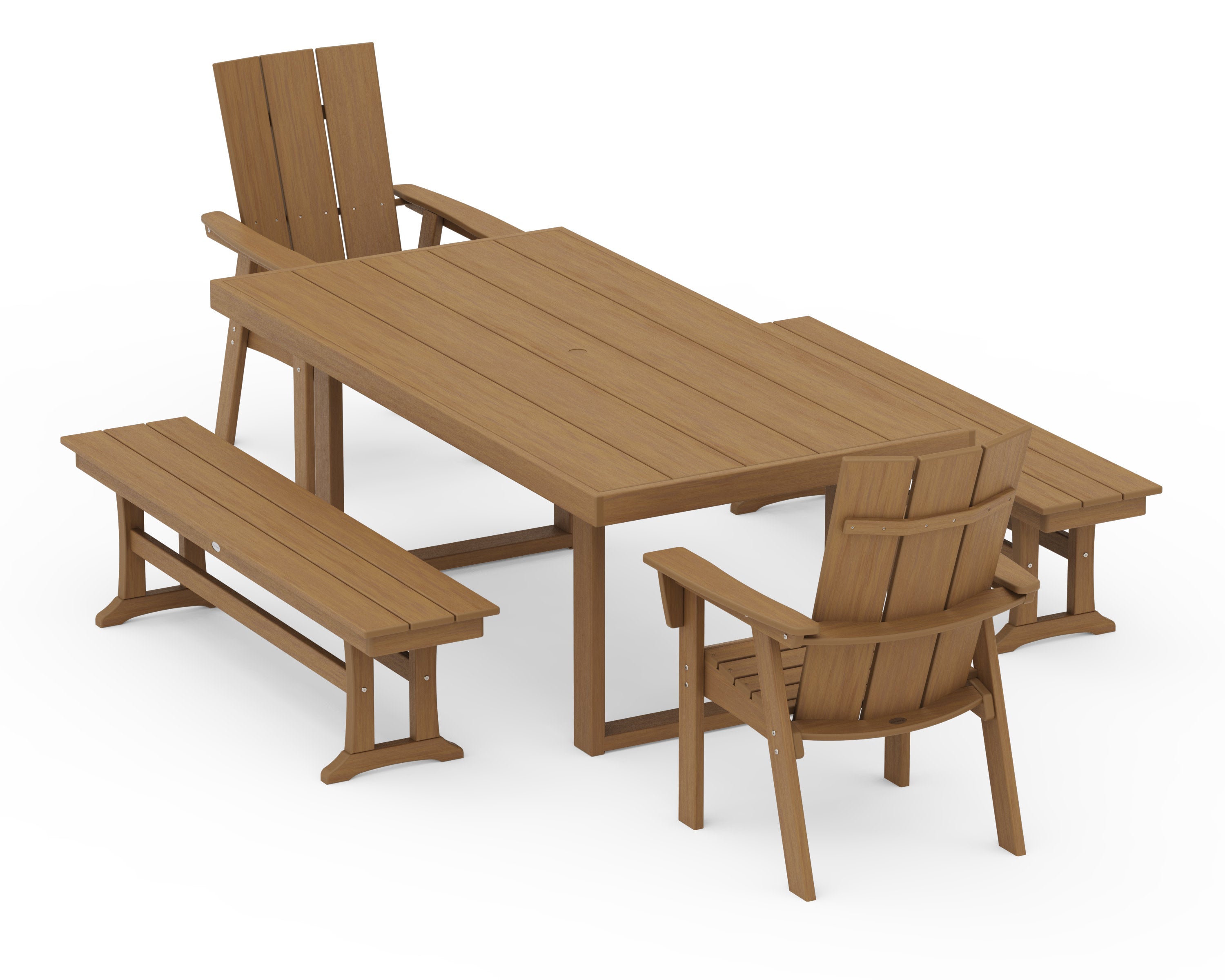 Modern Curveback Adirondack 5-Piece Dining Set with Benches in Natural