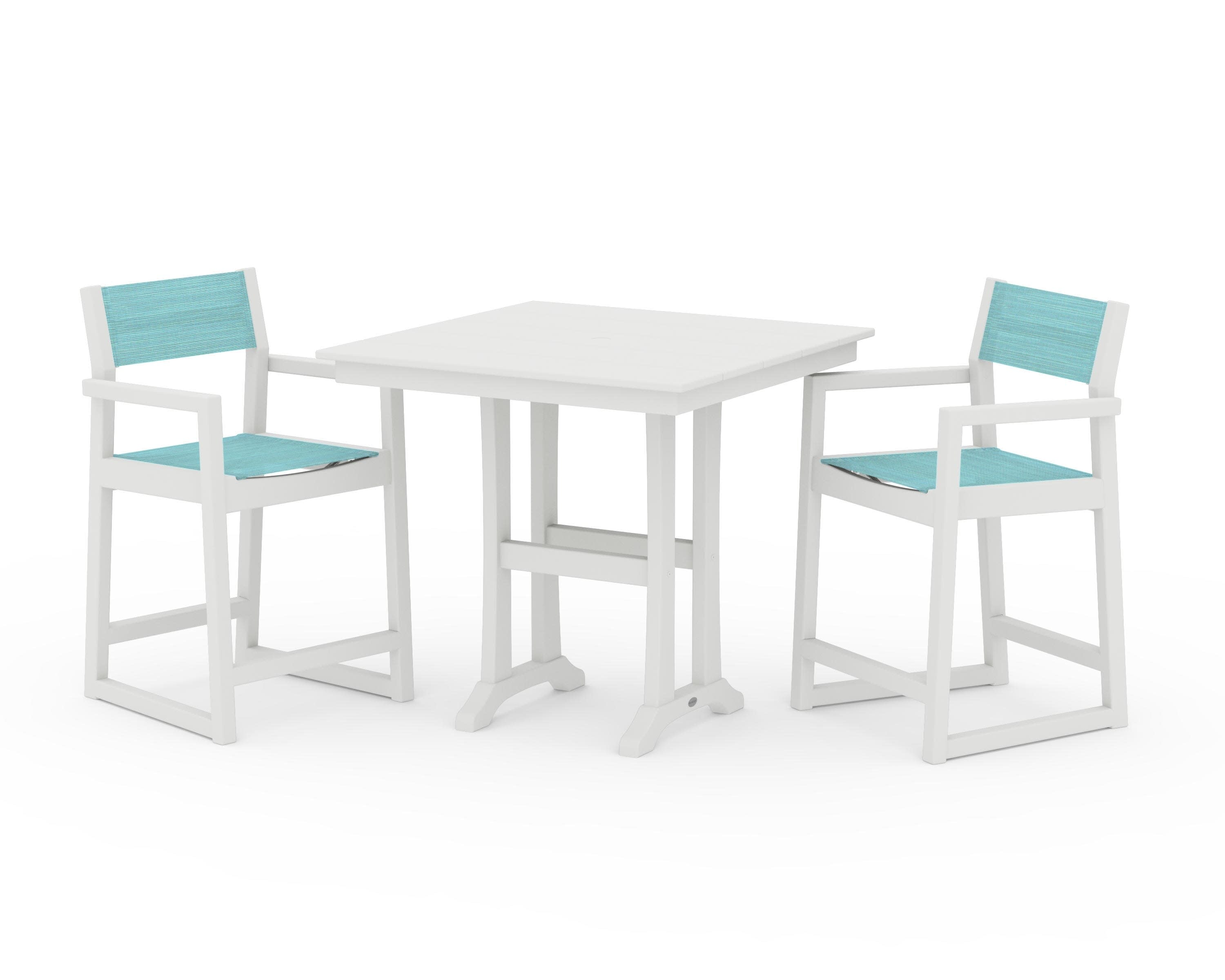 EDGE Sling Arm Chair 3-Piece Farmhouse Counter Set with Trestle Legs in Vintage White / Dupioni Aquamarine Sling