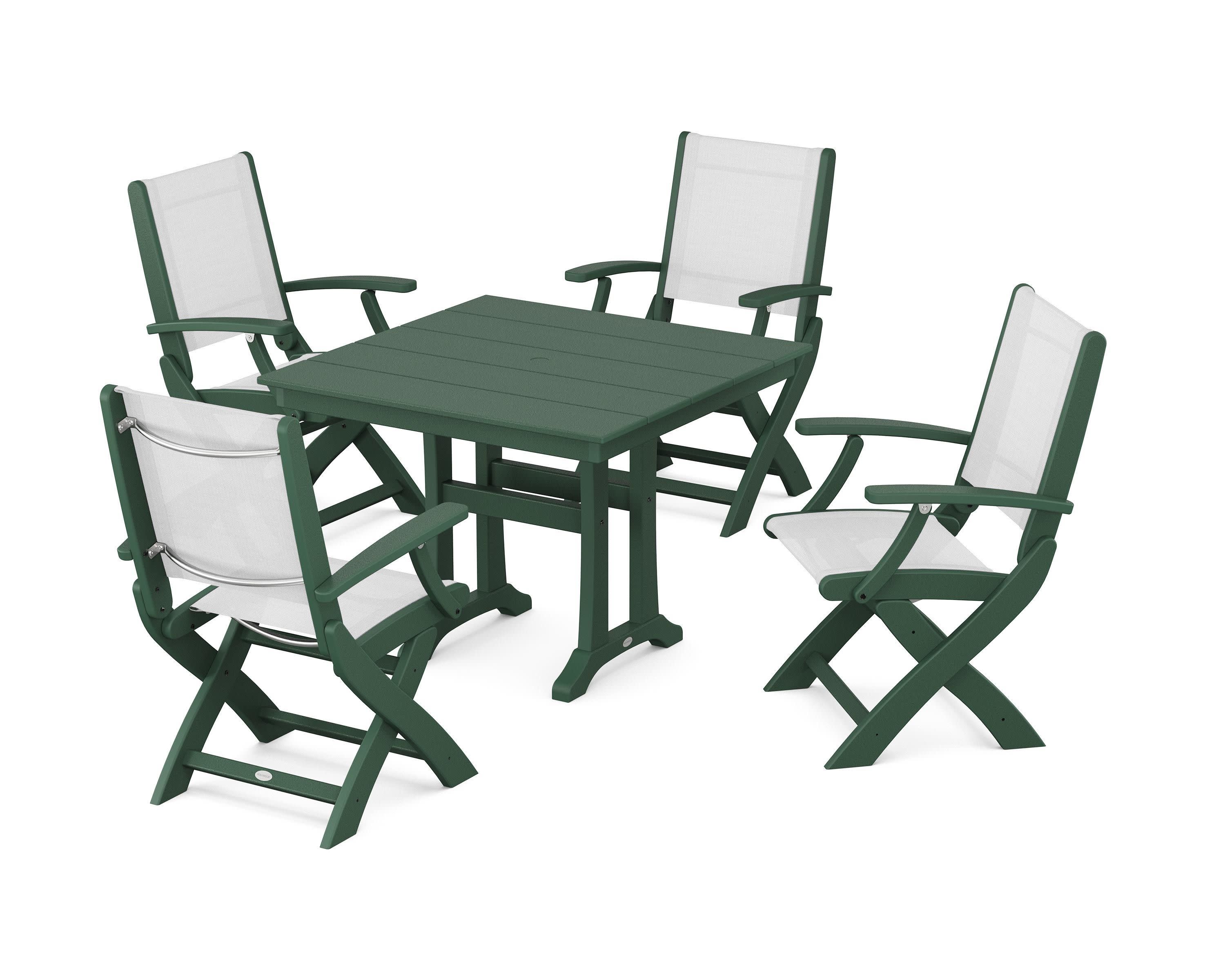 Coastal Folding Chair 5-Piece Farmhouse Dining Set With Trestle Legs in Green / White Sling