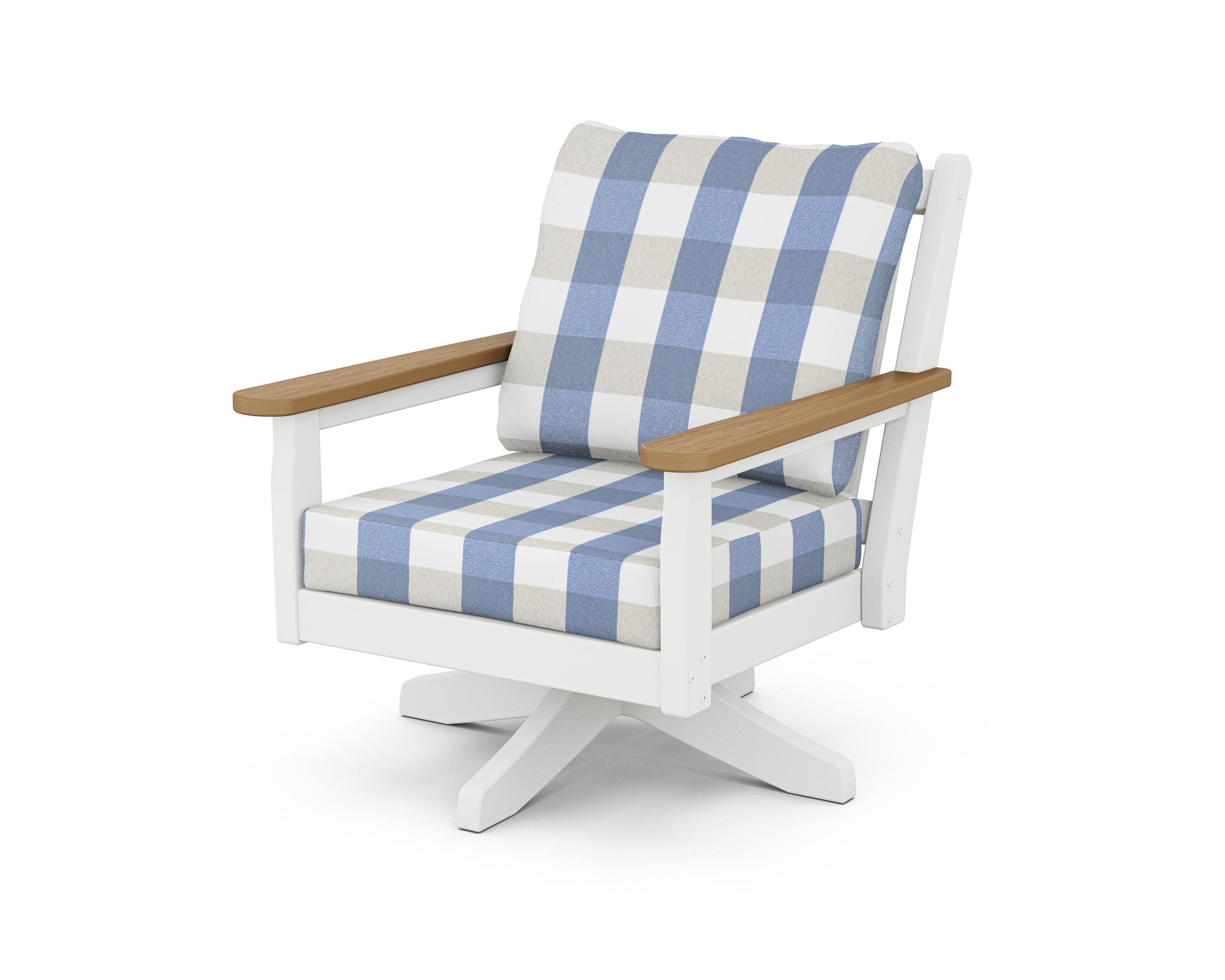 Chippendale Deep Seating Swivel Chair in White / Natural / Buffalo Plaid Sky Blue