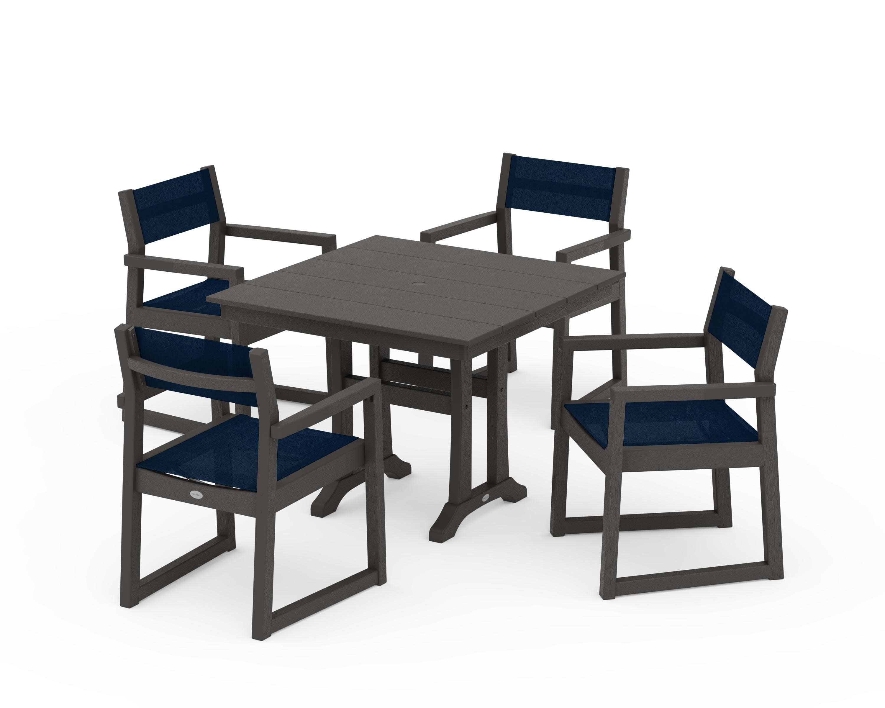 EDGE Sling 5-Piece Farmhouse Dining Set with Trestle Legs in Vintage Coffee / Navy Blue Sling