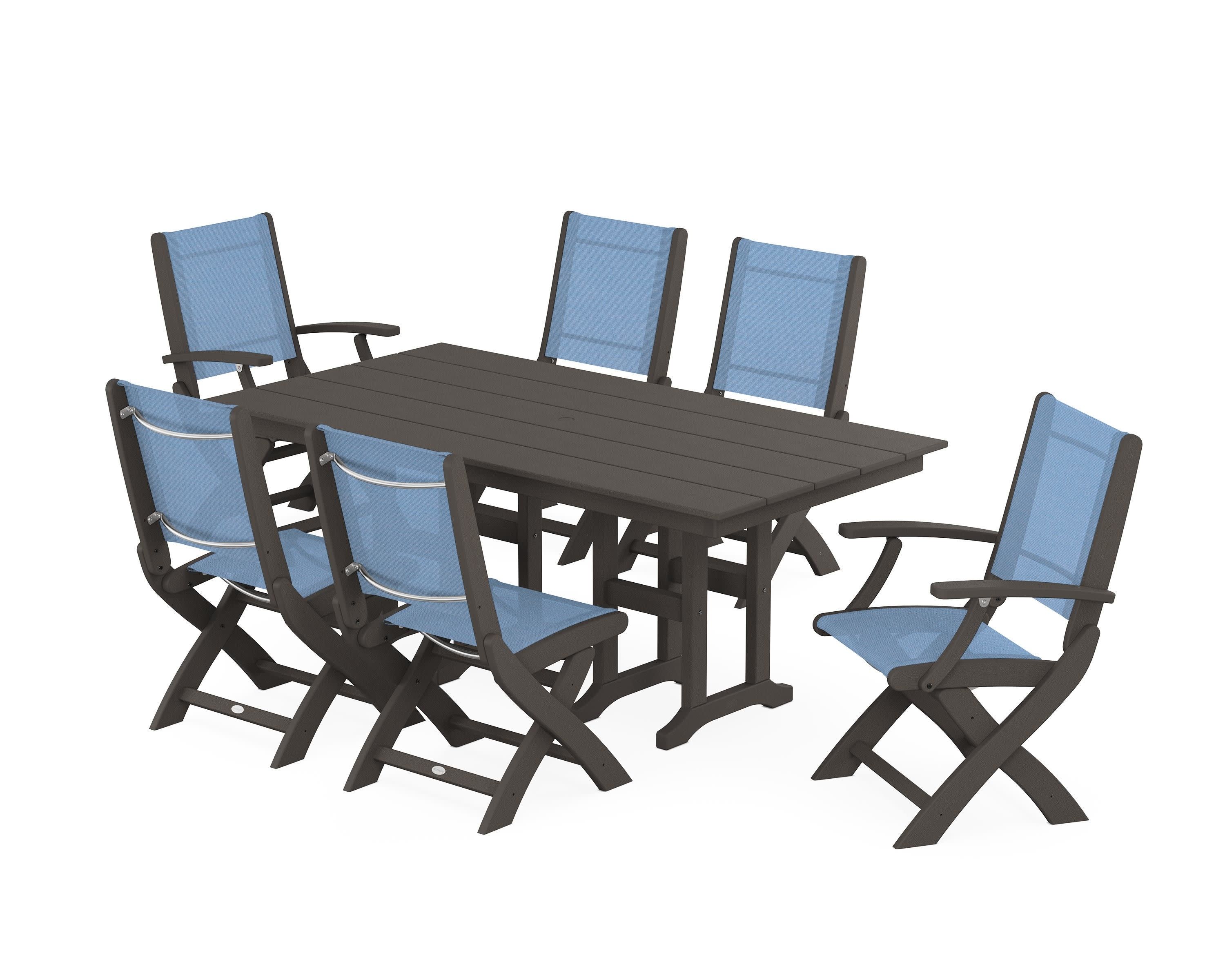 Coastal Folding Chair 7-Piece Farmhouse Dining Set in Vintage Coffee / Poolside Sling