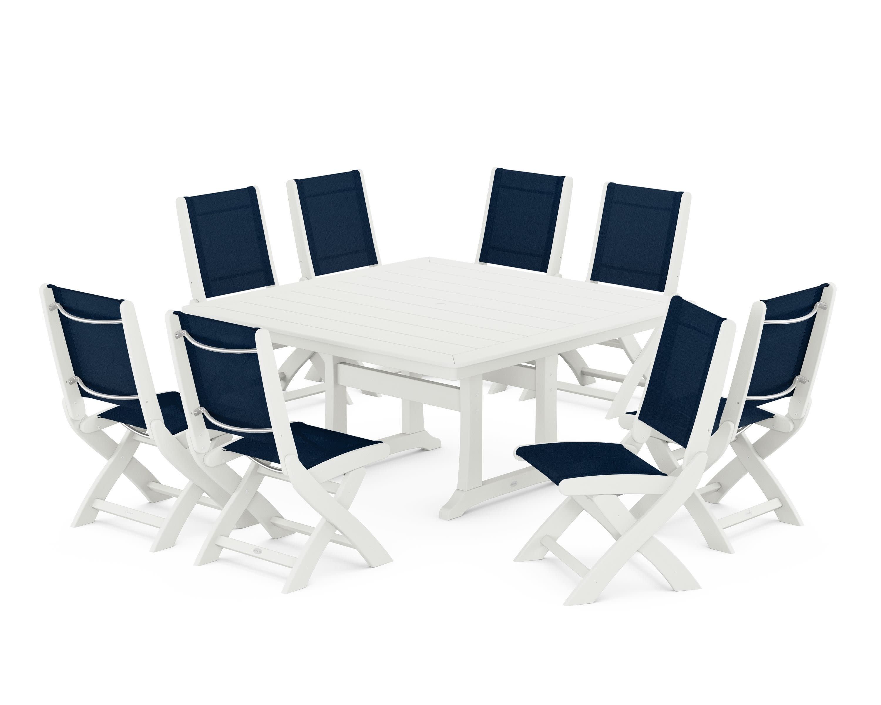 Coastal Folding Side Chair 9-Piece Dining Set with Trestle Legs in Vintage White / Navy Blue Sling