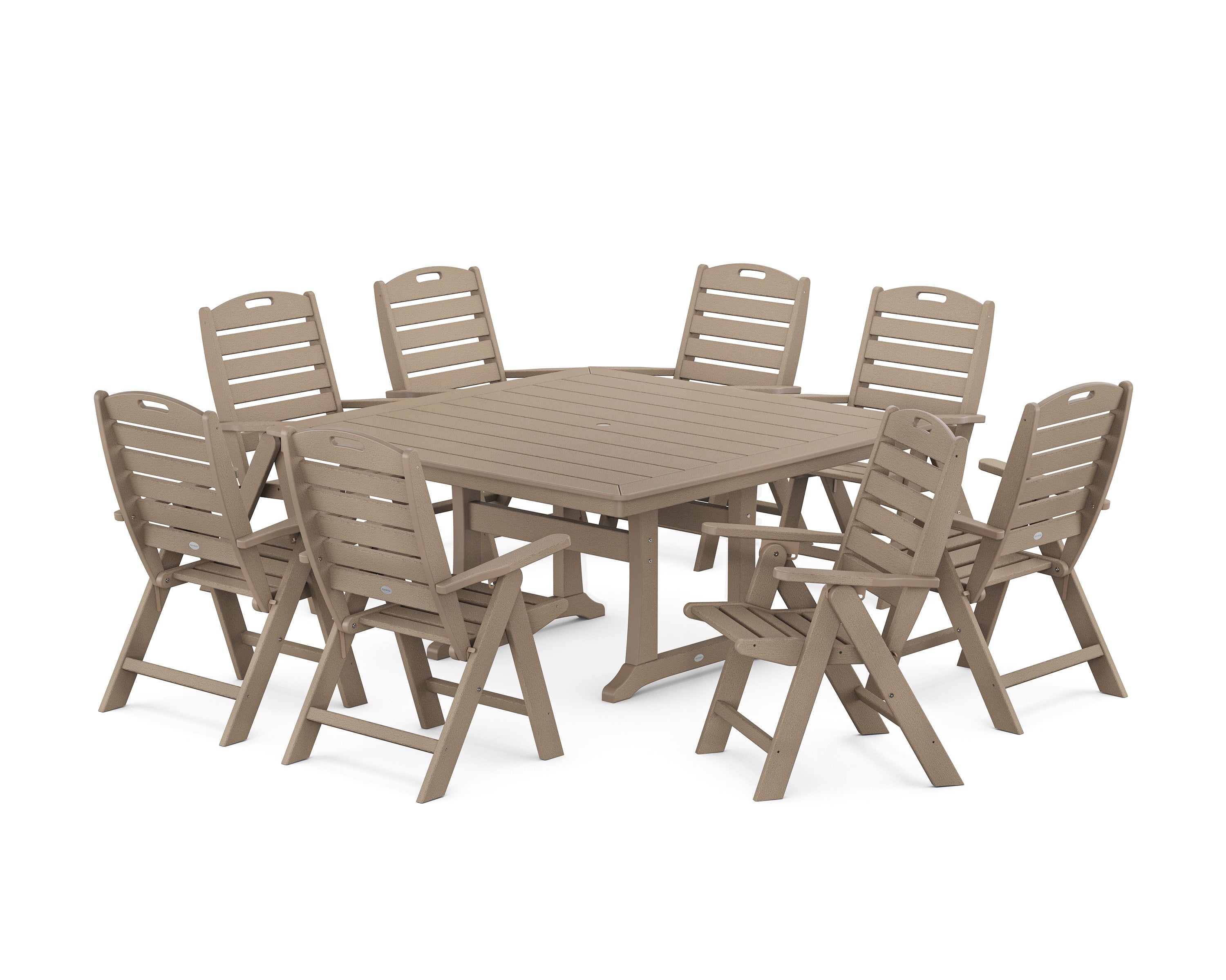 Nautical Highback 9-Piece Square Dining Set with Trestle Legs in Vintage Sahara