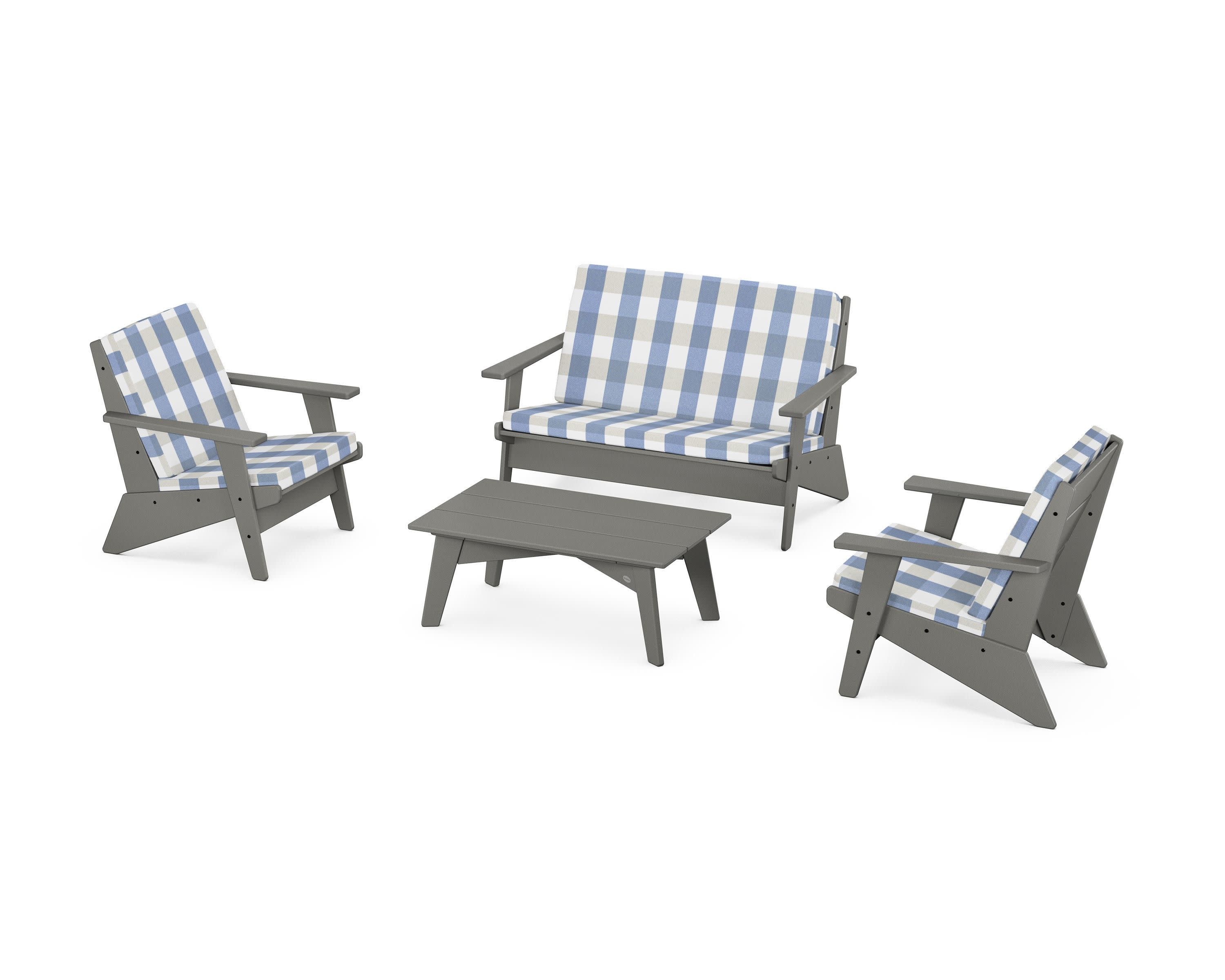 Riviera Modern Lounge 4-Piece Set in Slate Grey / Buffalo Plaid Sky Blue