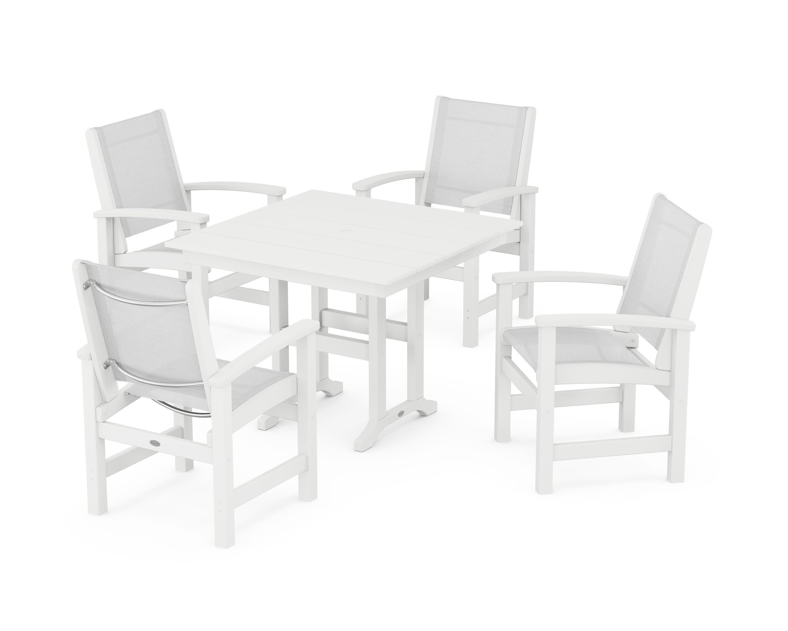 Coastal 5-Piece Farmhouse Dining Set in White / White Sling