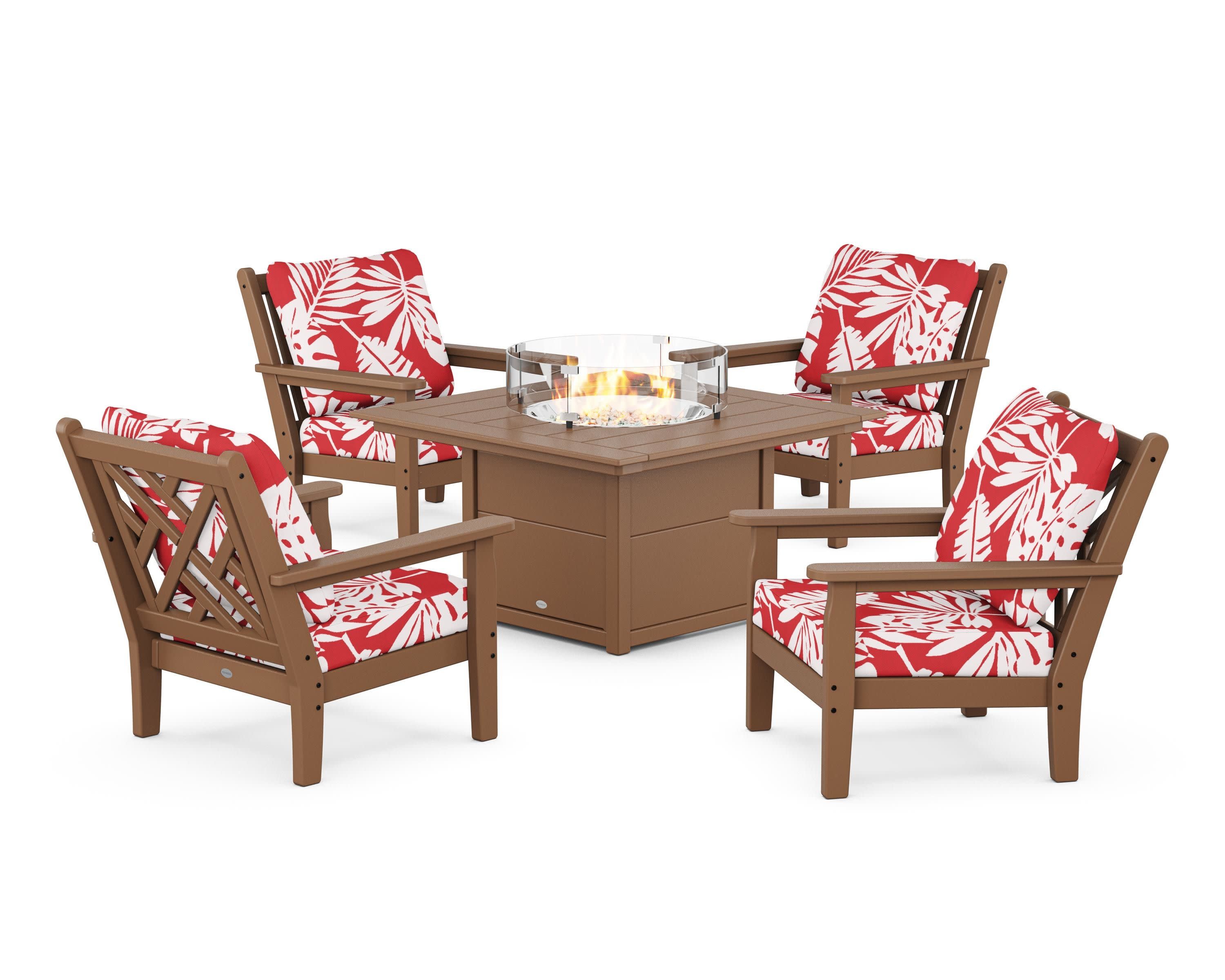 Chippendale 5-Piece Deep Seating Set with Fire Pit Table in Teak / Leaf Crimson