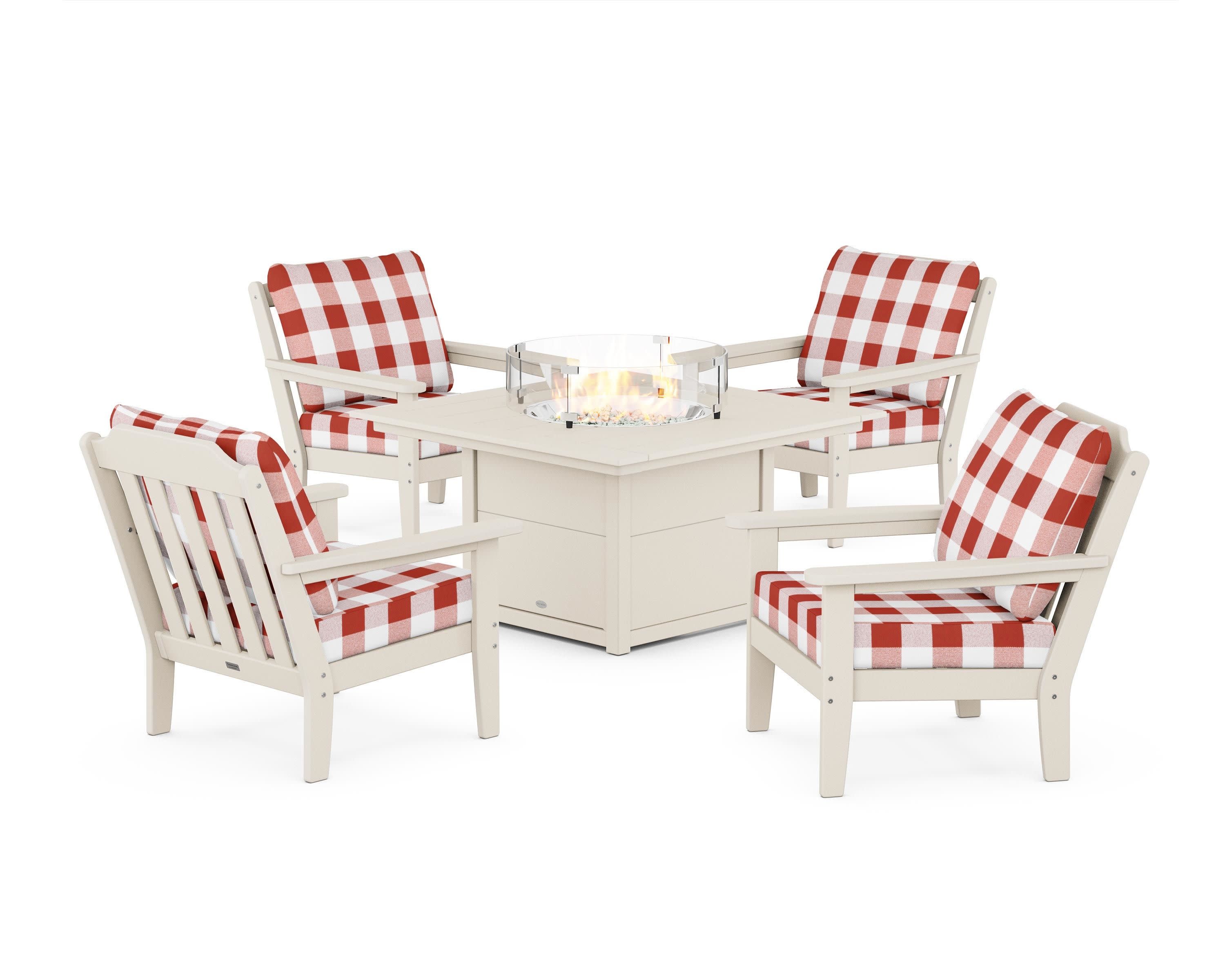 Cottage 5-Piece Deep Seating Set with Fire Pit Table in Sand / Buffalo Plaid Crimson