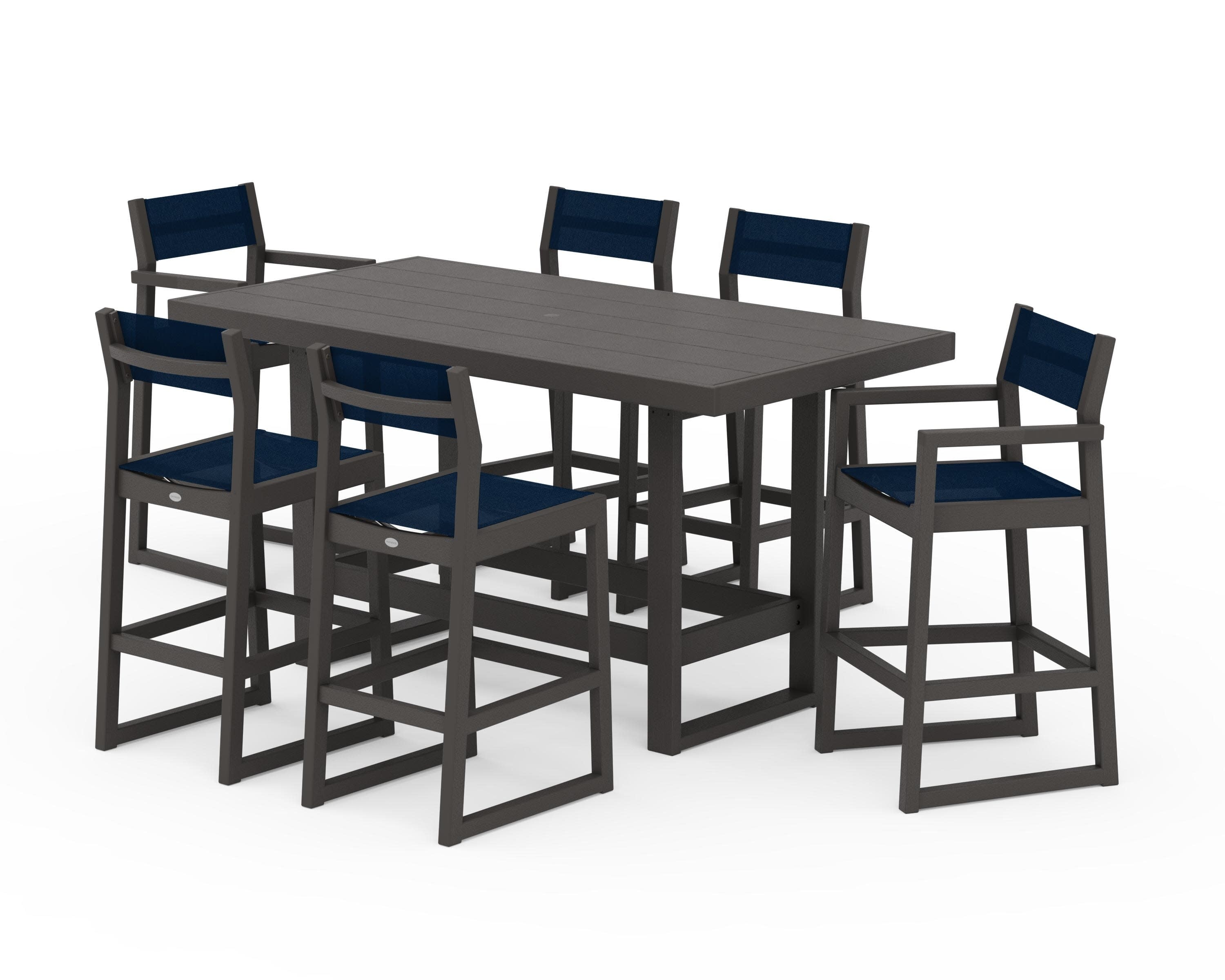 EDGE Sling 7-Piece Bar Table Set in Vintage Coffee / Navy Blue Sling