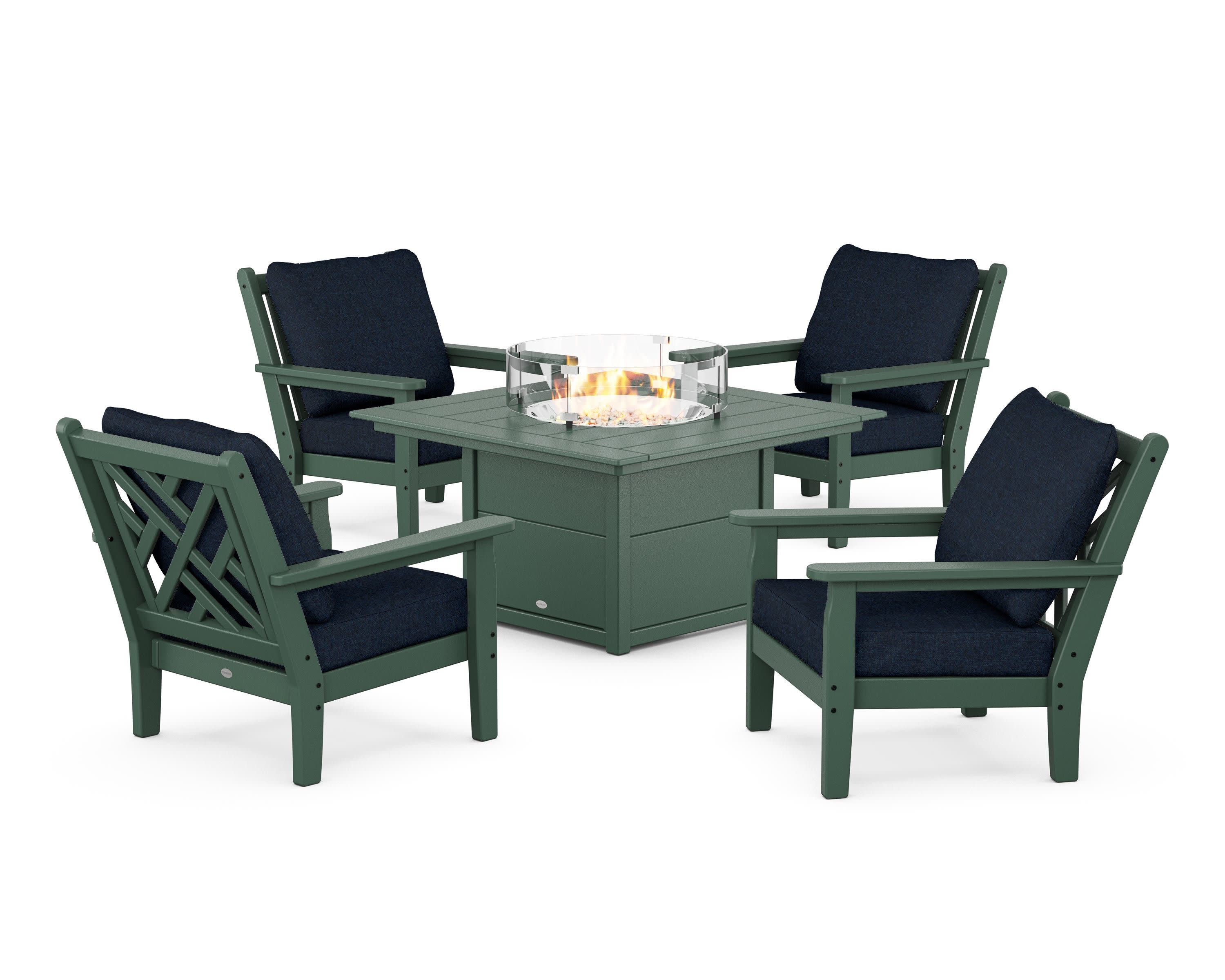 Chippendale 5-Piece Deep Seating Set with Fire Pit Table in Green / Marine Indigo