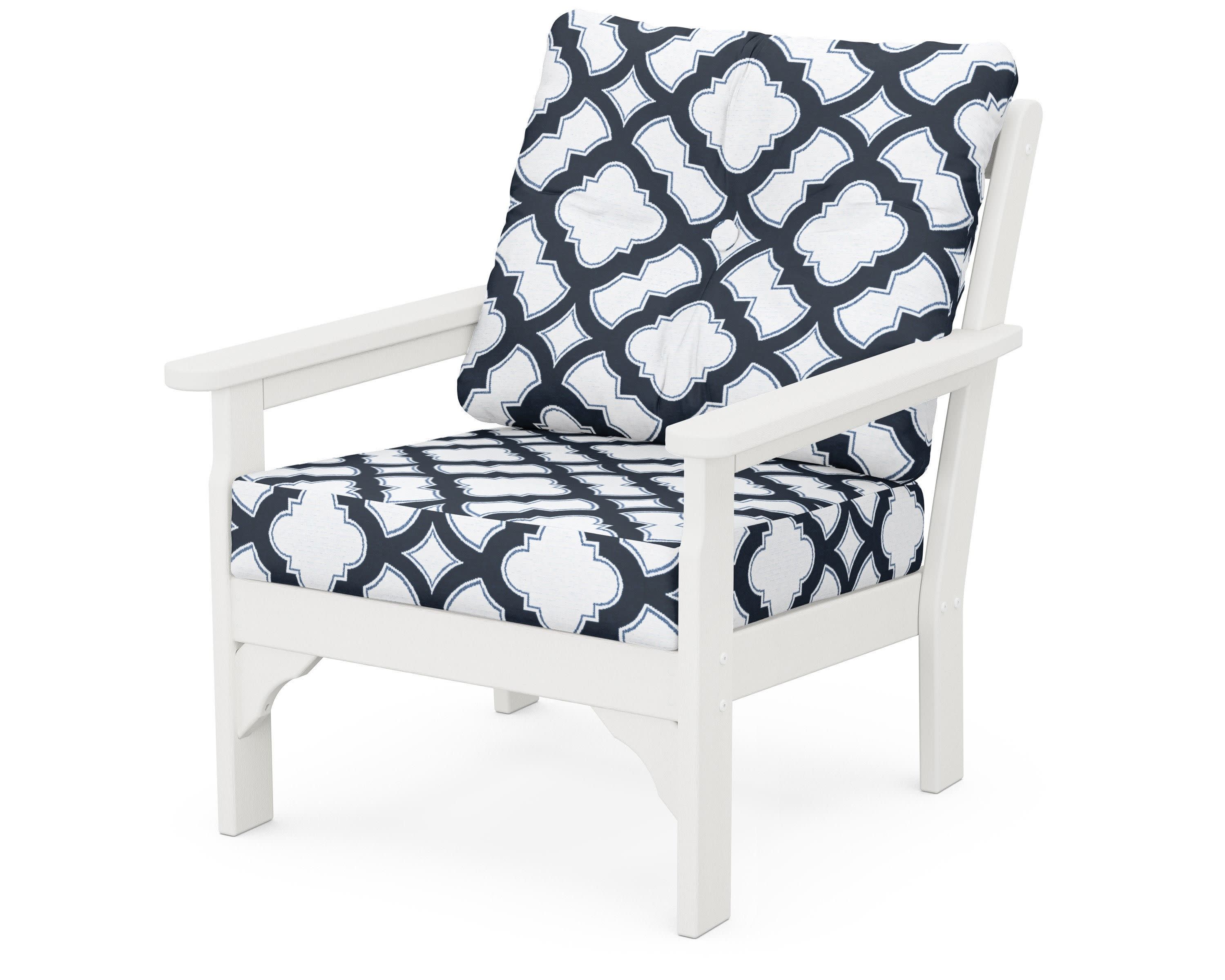 Vineyard Deep Seating Chair in Vintage White / Trellis Marine Indigo