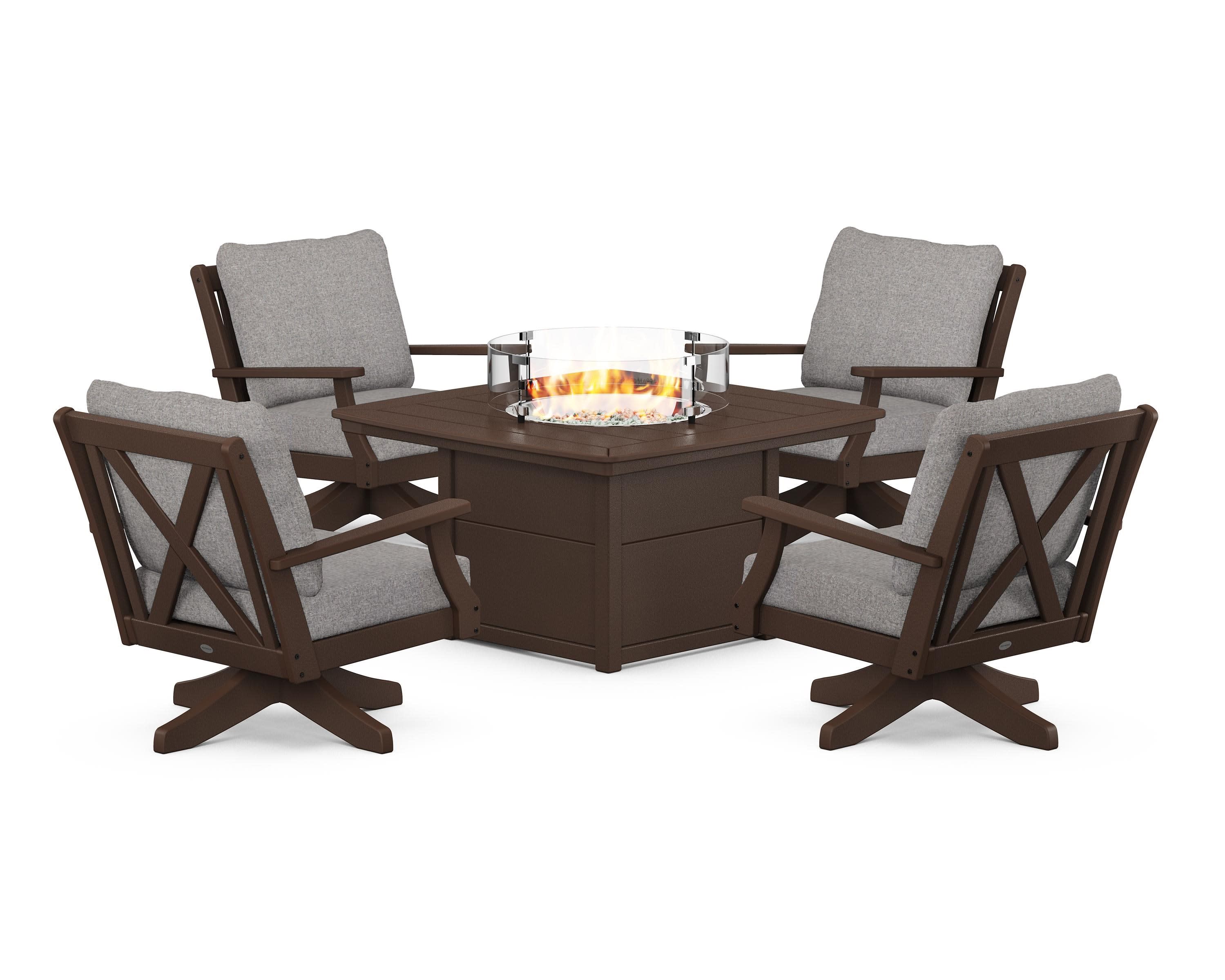 Braxton 5-Piece Deep Seating Swivel Conversation Set with Fire Pit Table in Mahogany / Grey Mist