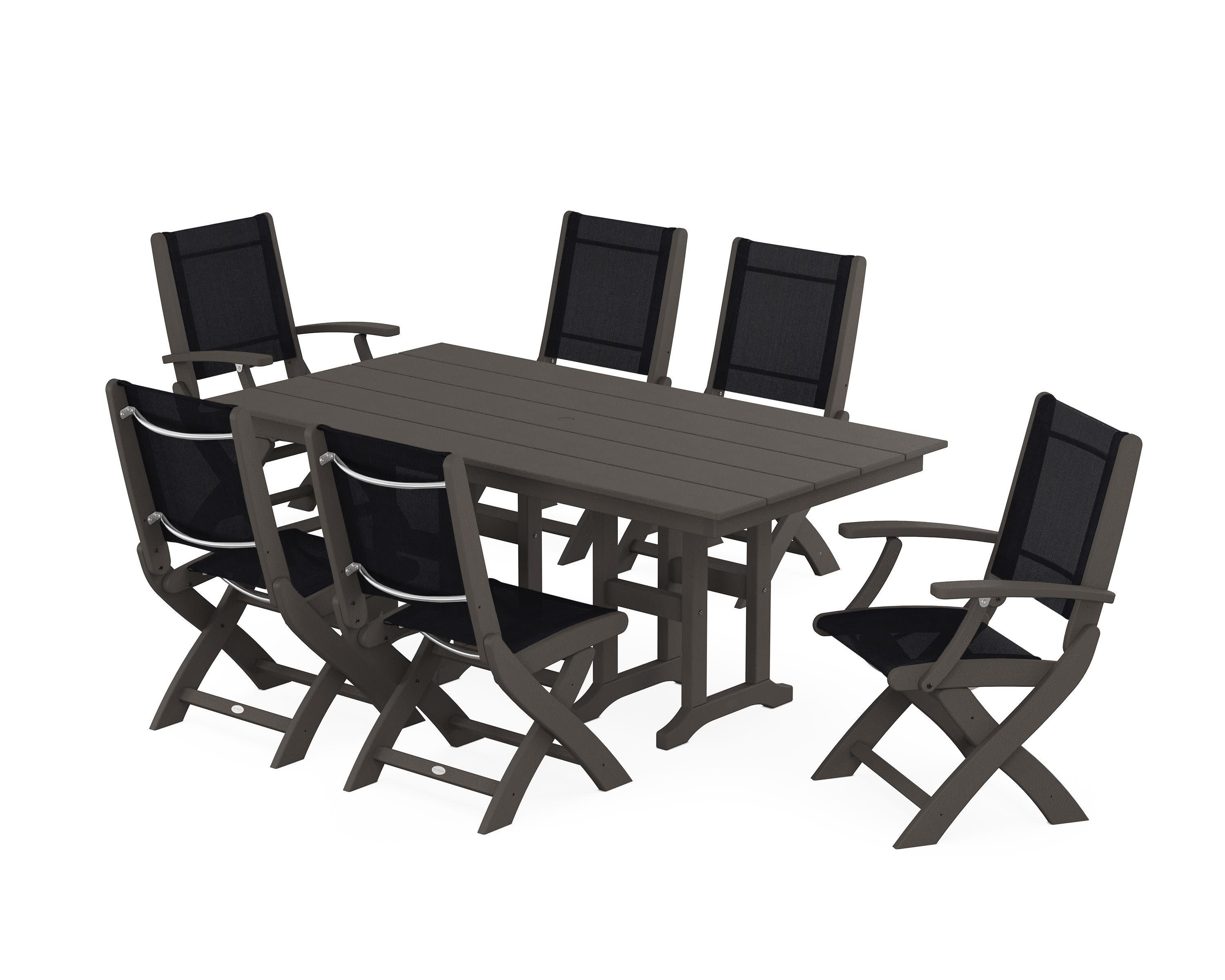 Coastal Folding Chair 7-Piece Farmhouse Dining Set in Vintage Coffee / Black Sling
