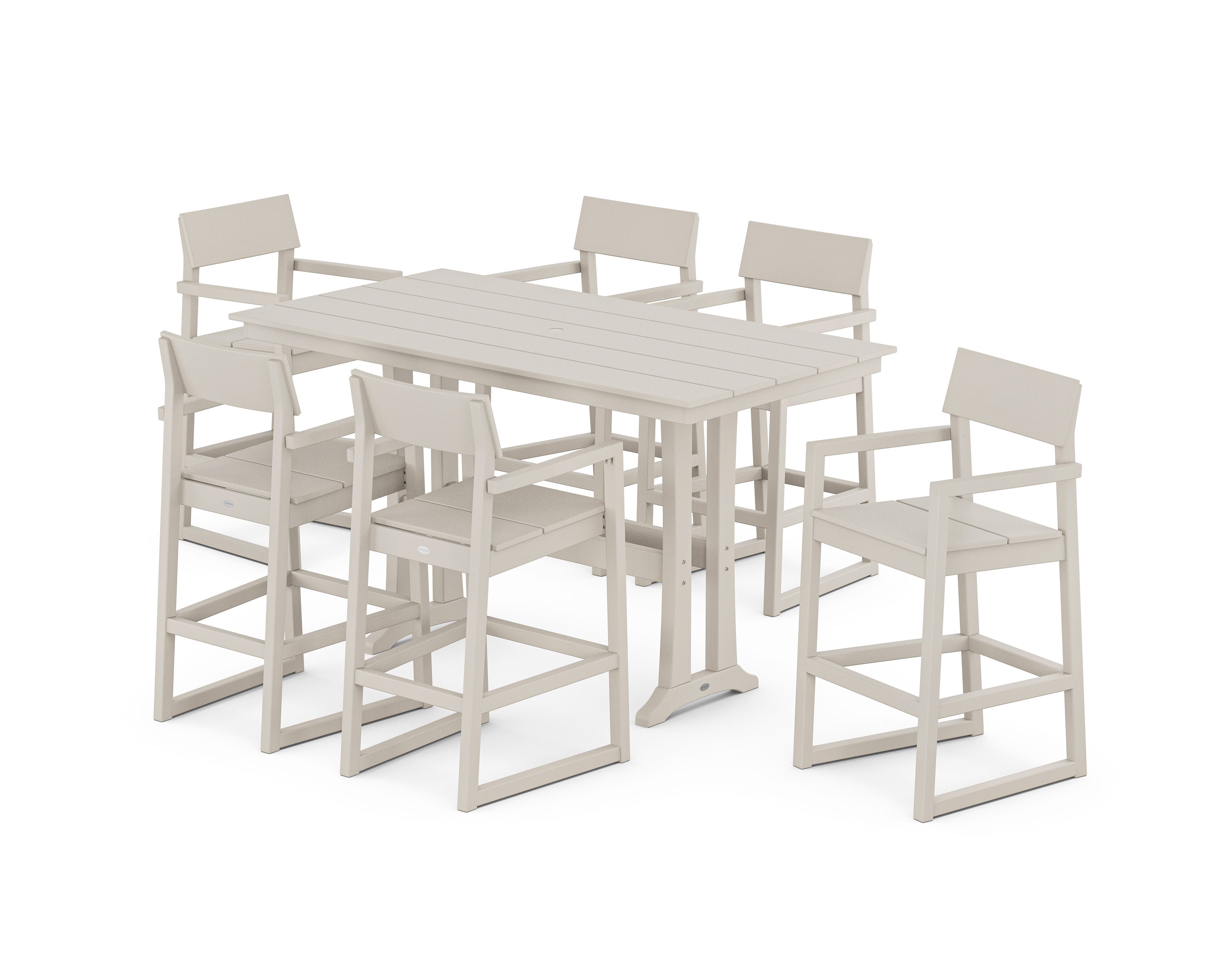 EDGE Arm Chair 7-Piece Farmhouse Bar Set with Trestle Legs in Sand