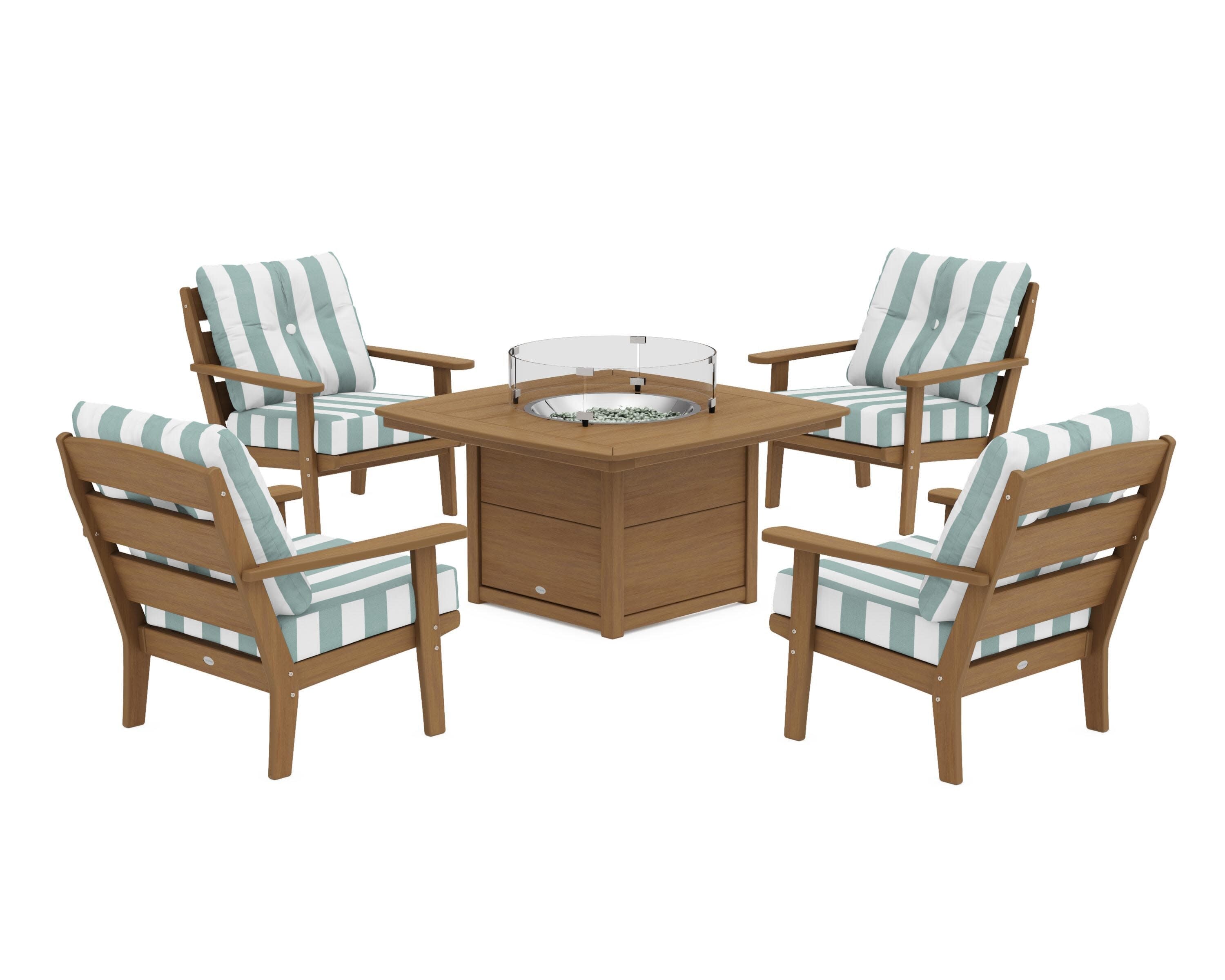 Lakeside 5-Piece Deep Seating Set with Nautical Fire Pit Table in Natural / Cabana Stripe Glacier Spa