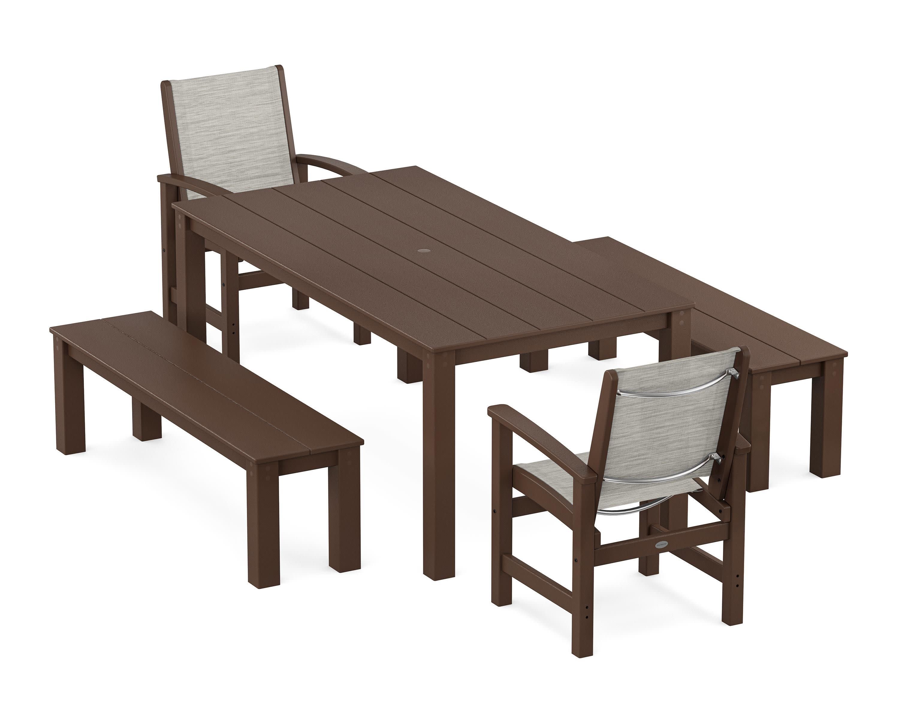 Coastal 5-Piece Parsons Dining Set with Benches in Mahogany / Birch Sling