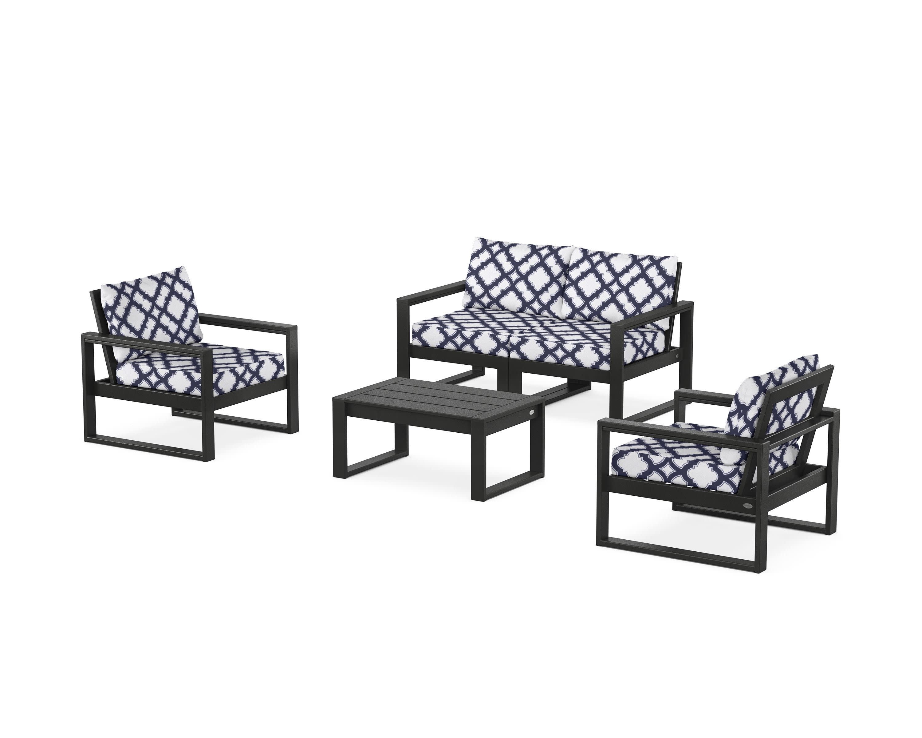 EDGE Sectional 4-Piece Deep Seating Set with Loveseat in Black / Trellis Navy