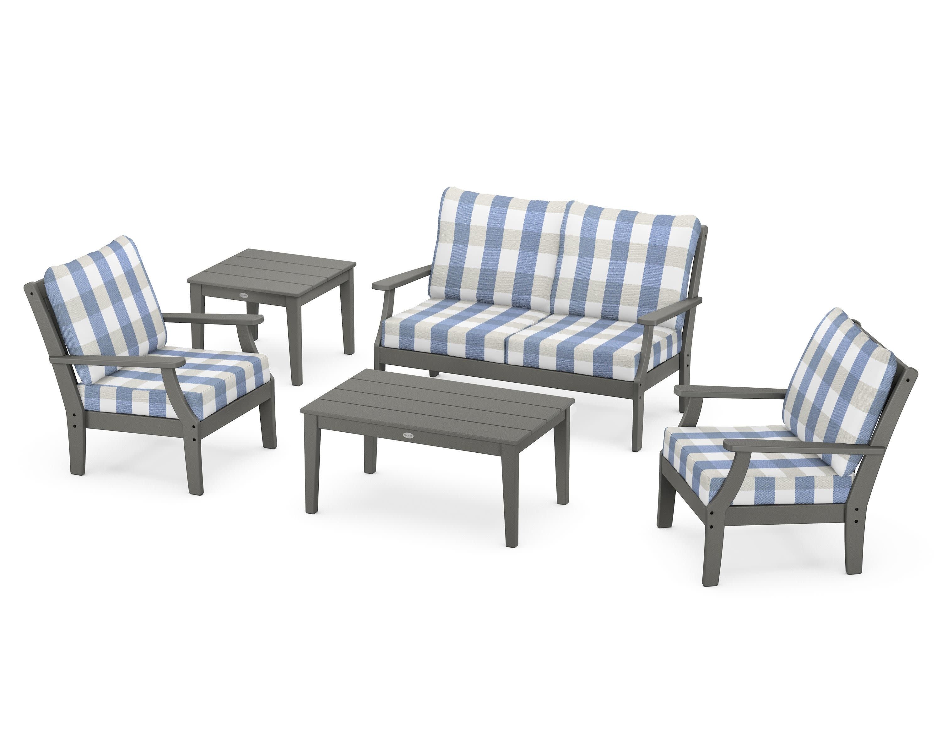 Braxton 5-Piece Deep Seating Set in Slate Grey / Buffalo Plaid Sky Blue