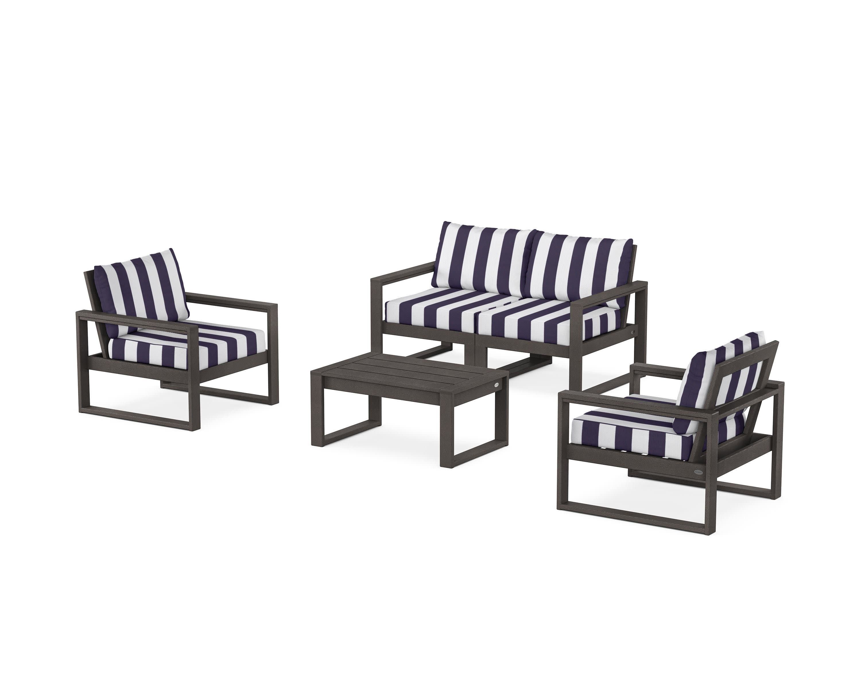 EDGE Sectional 4-Piece Deep Seating Set with Loveseat in Vintage Coffee / Cabana Stripe Navy