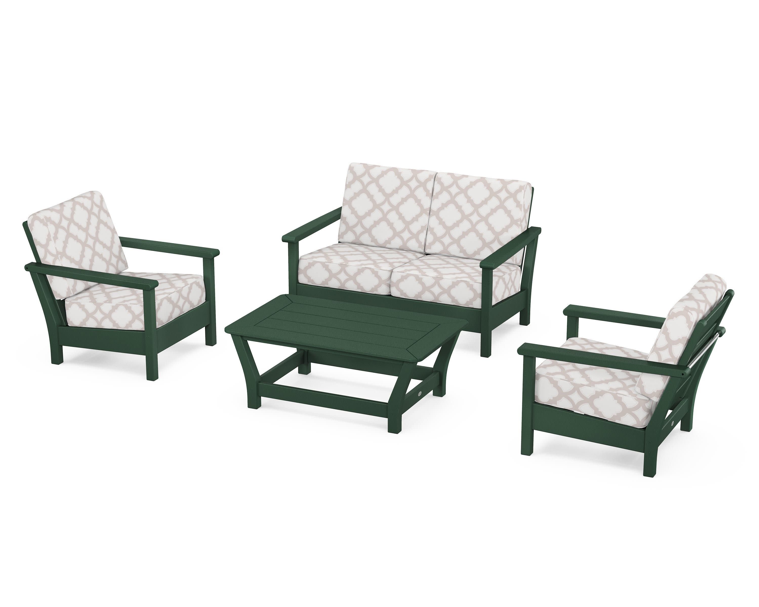 Harbour 4-Piece Deep Seating Set in Green / Trellis Dune Burlap
