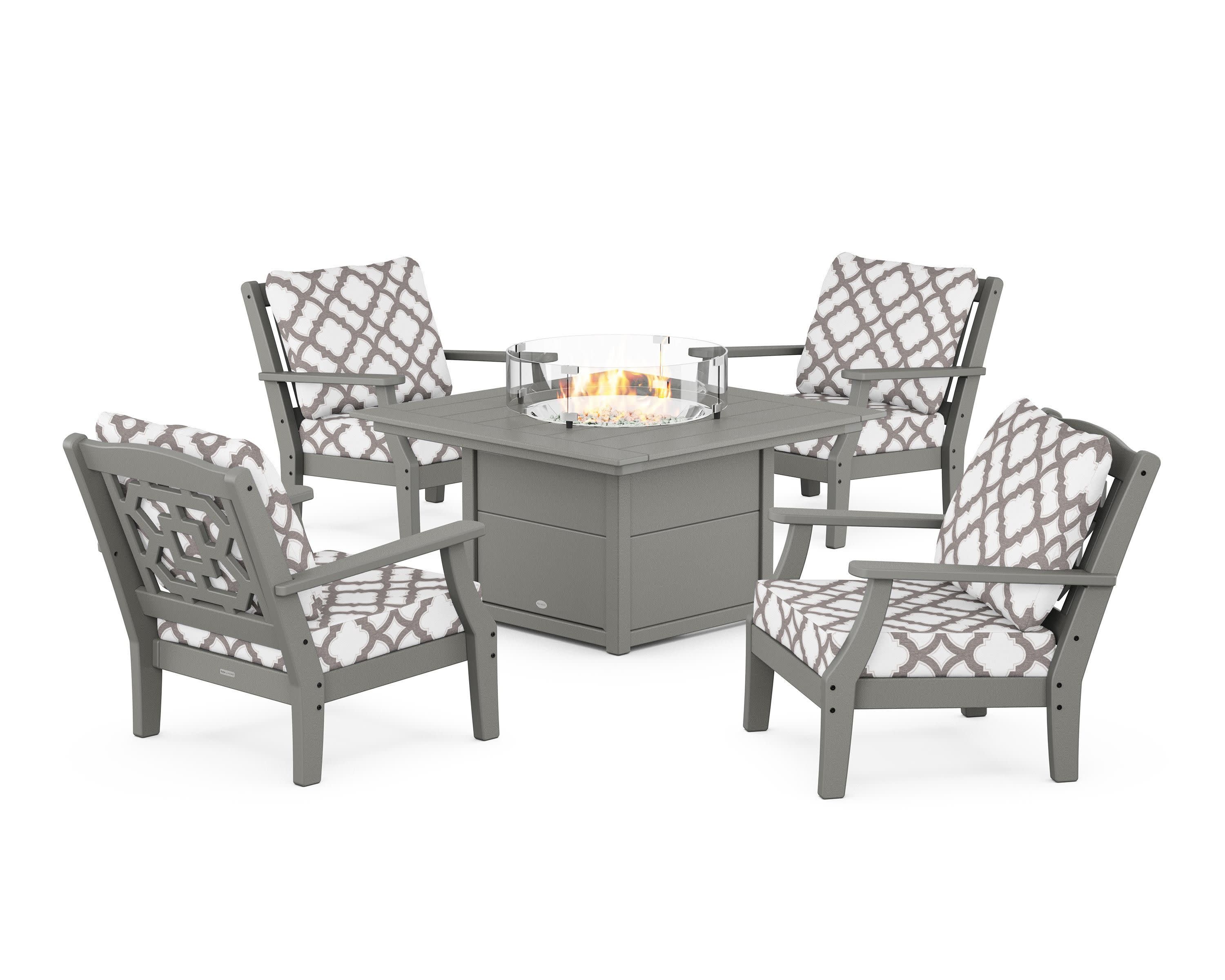 Chinoiserie 5-Piece Deep Seating Set with Fire Pit Table in Slate Grey / Trellis Grey Mist