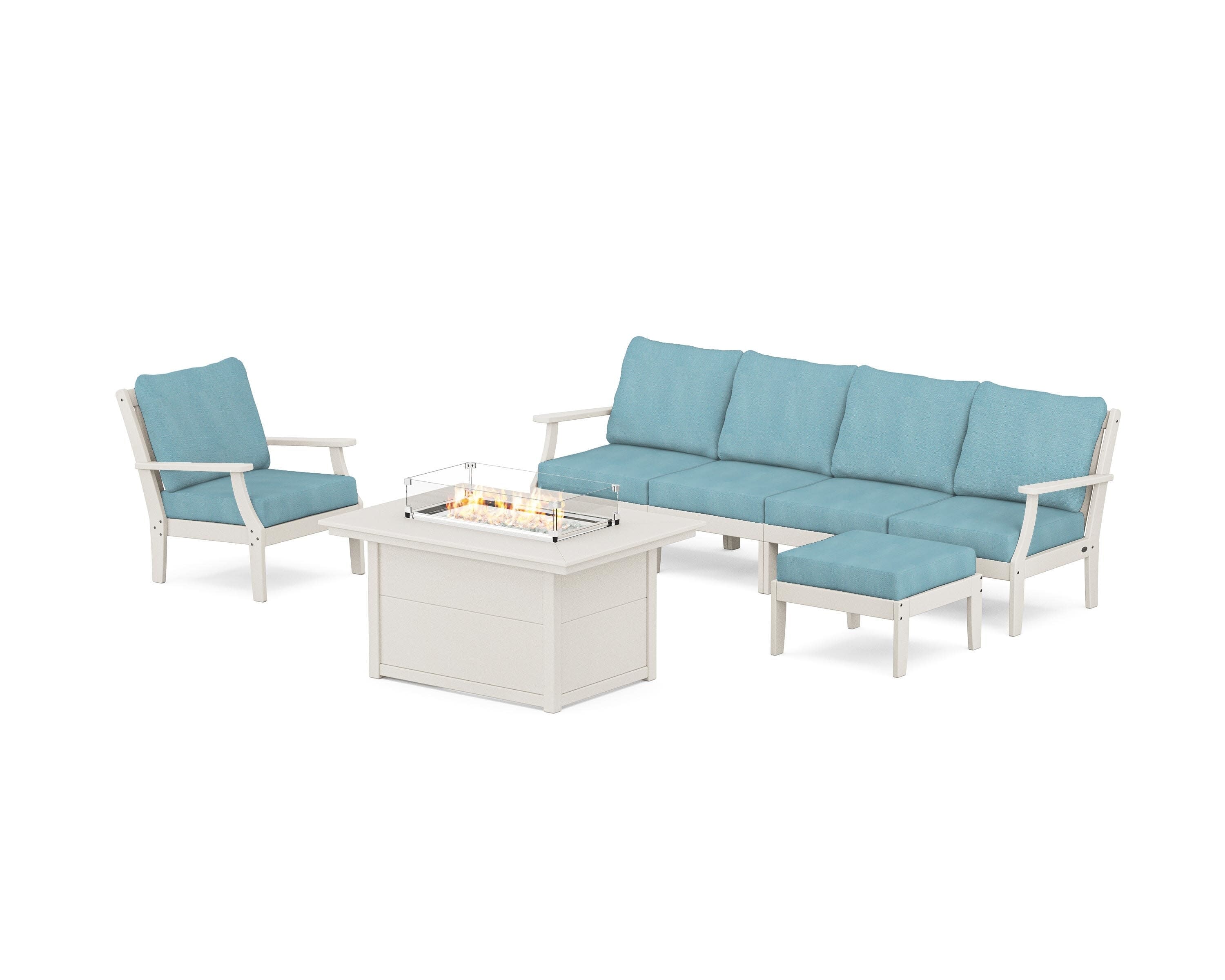 Braxton Sectional Lounge and Fire Pit Set in Sand / Lattice Sky Blue