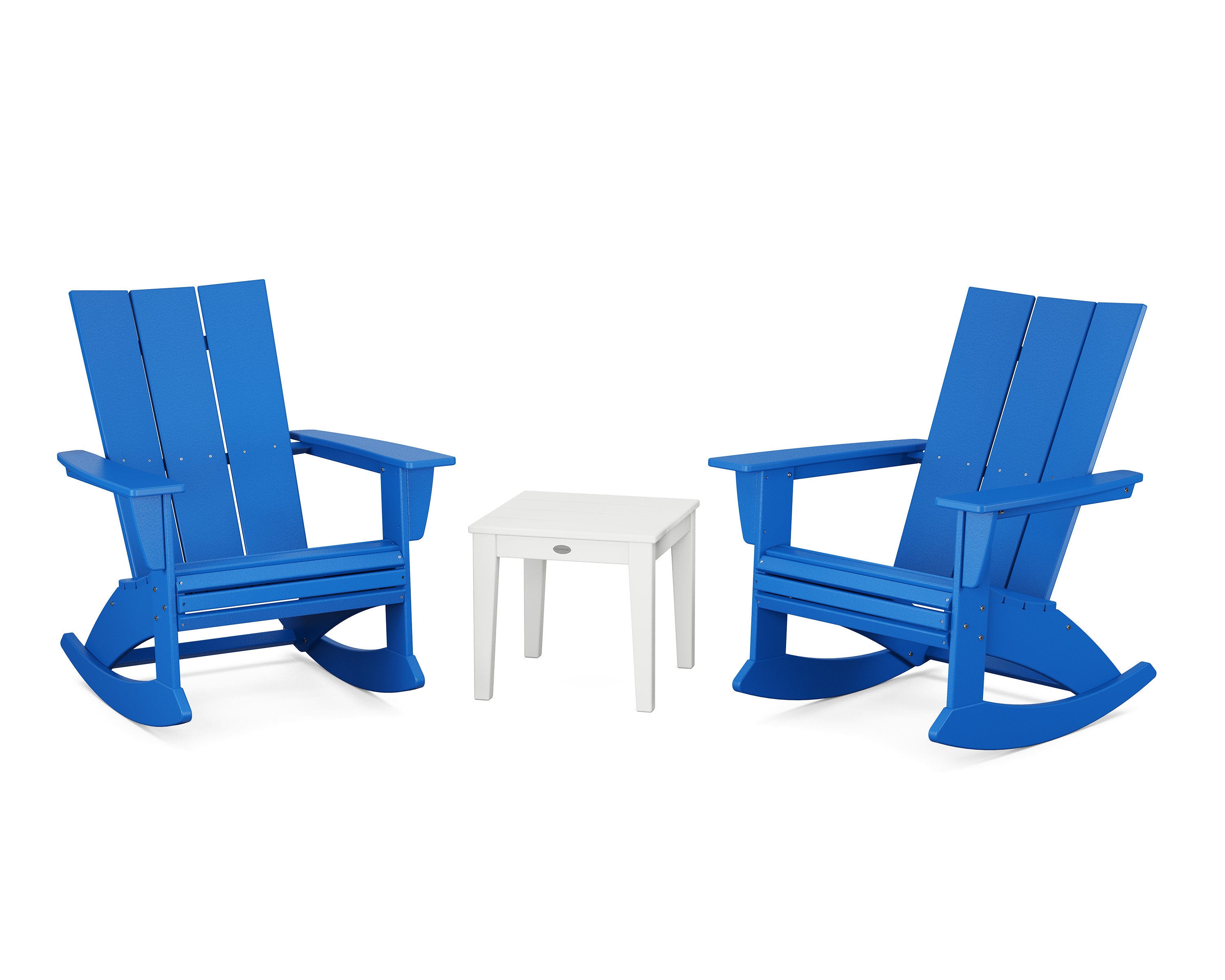 Modern Curveback 3-Piece Adirondack Rocking Chair Set in Pacific Blue / White