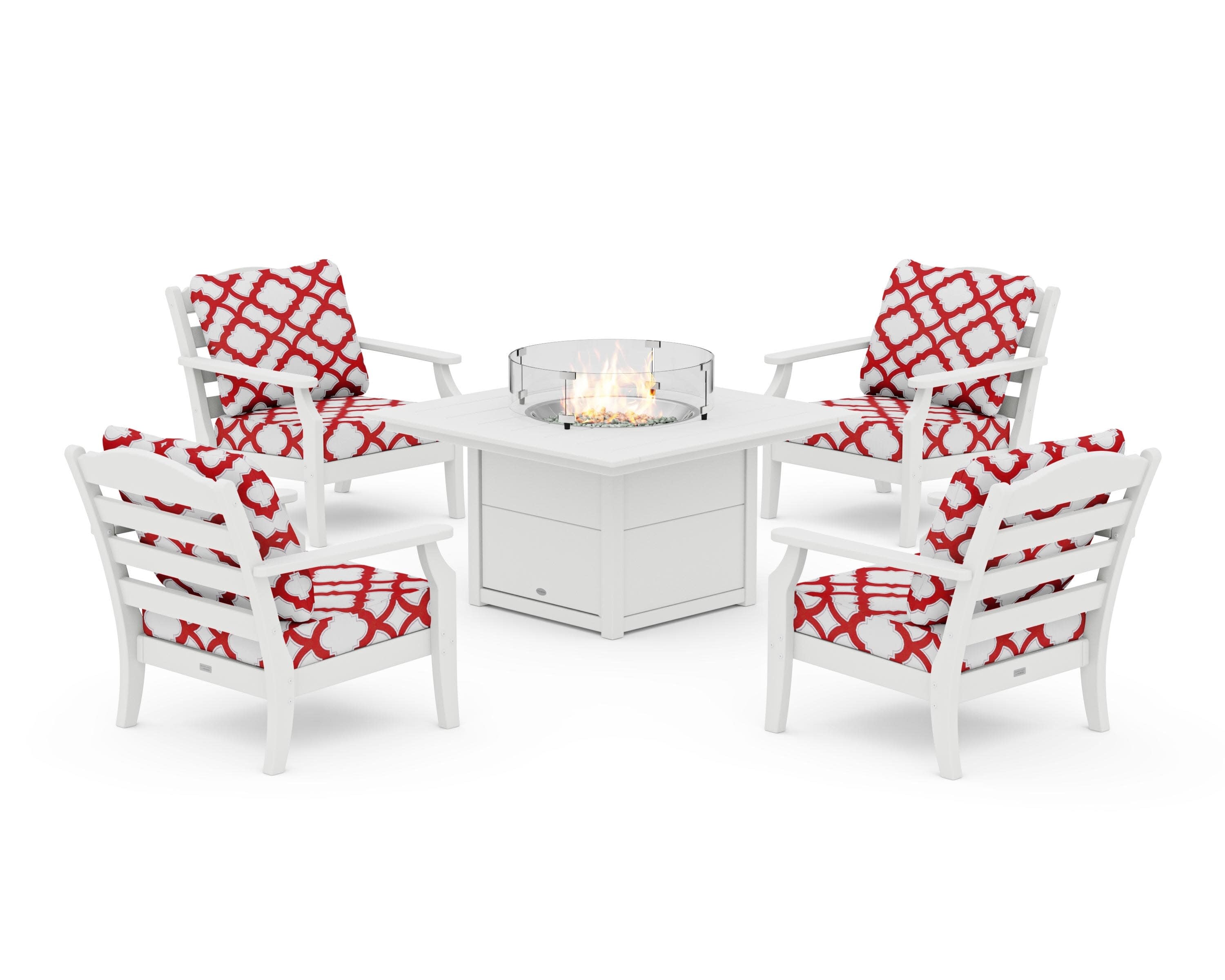 Savannah 5-Piece Deep Seating Set with Fire Pit Table in White / Trellis Crimson