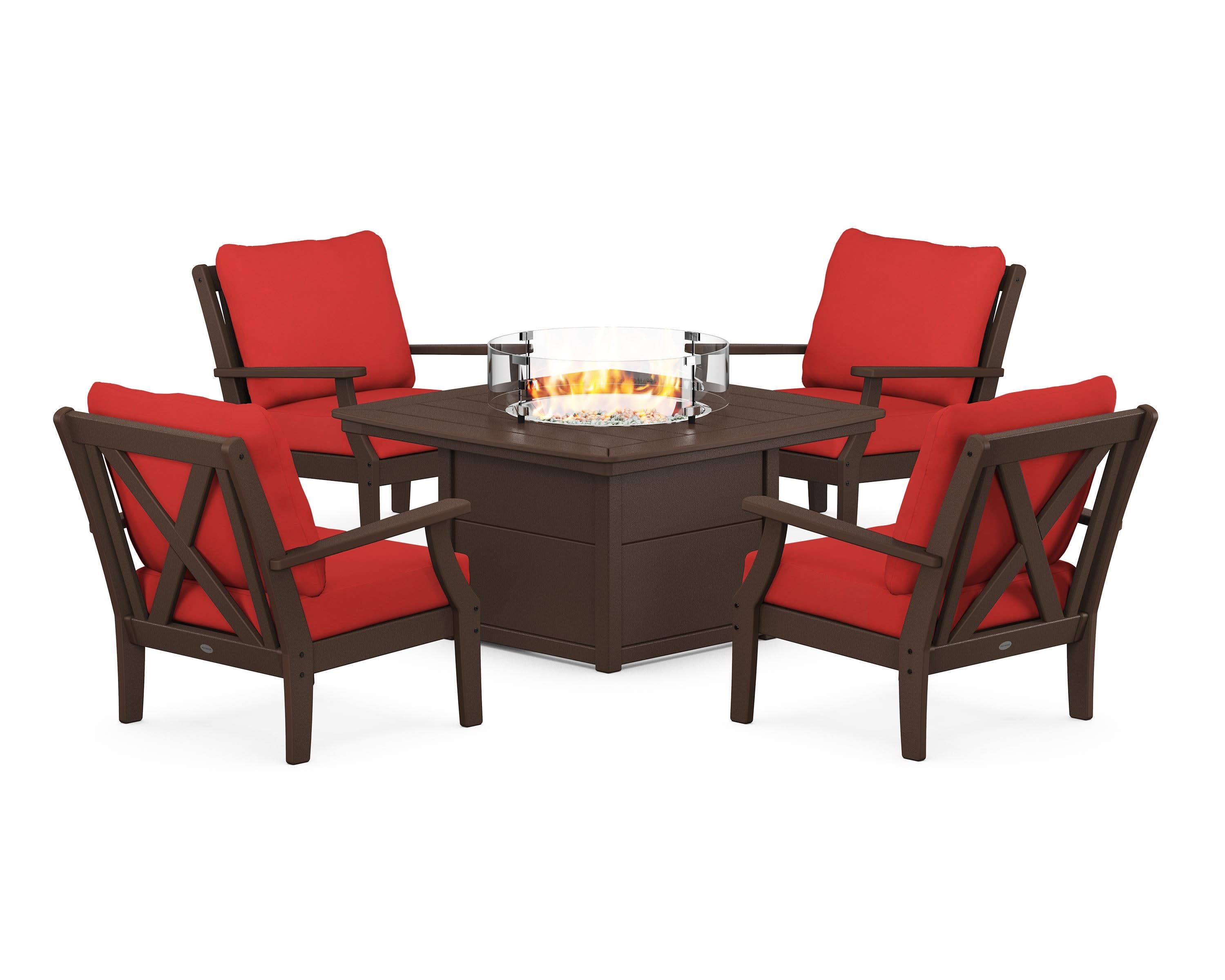 Braxton 5-Piece Deep Seating Conversation Set with Fire Pit Table in Mahogany / Crimson Linen