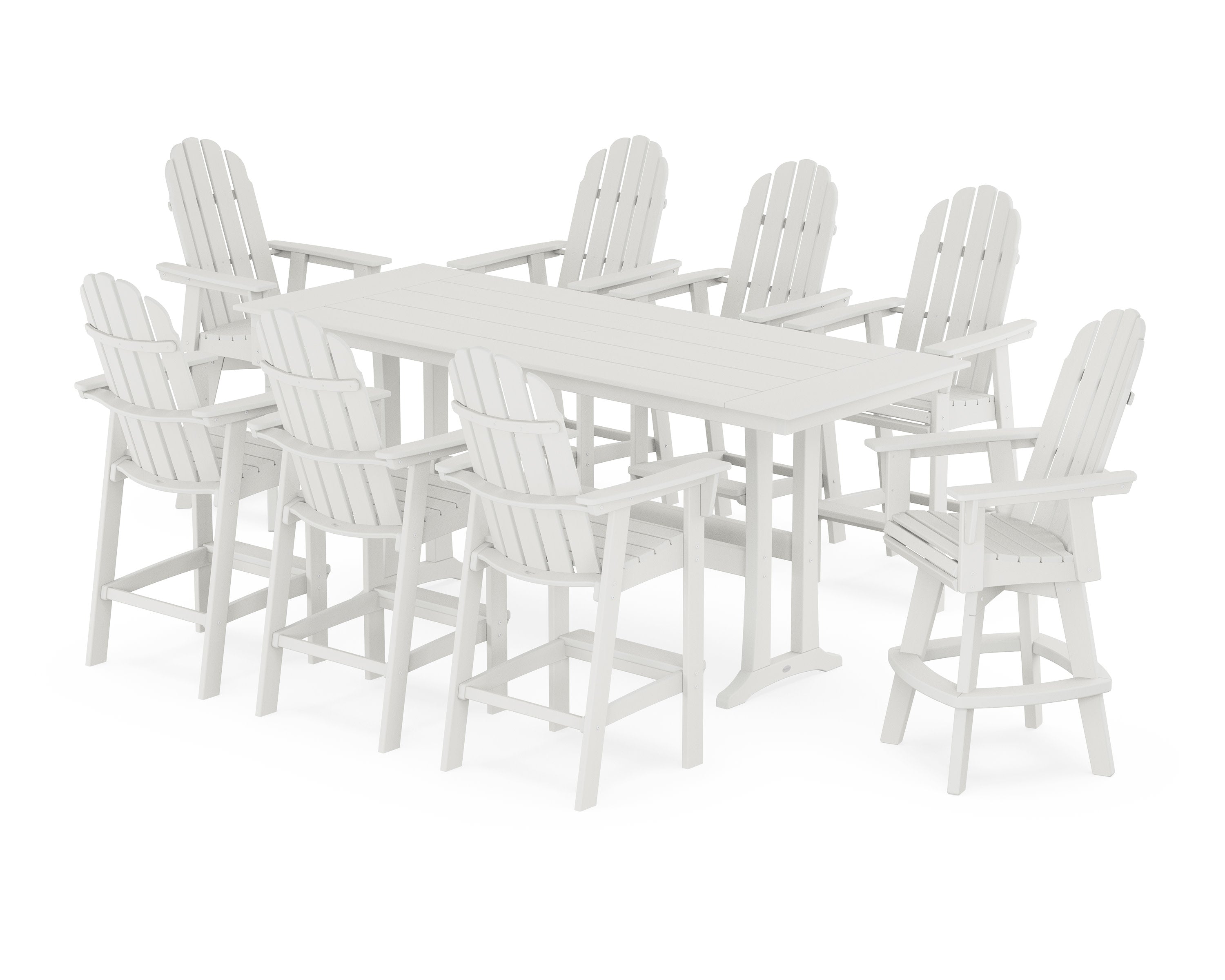Vineyard Curveback Adirondack Swivel 9-Piece Farmhouse Bar Set with Trestle Legs in Vintage White