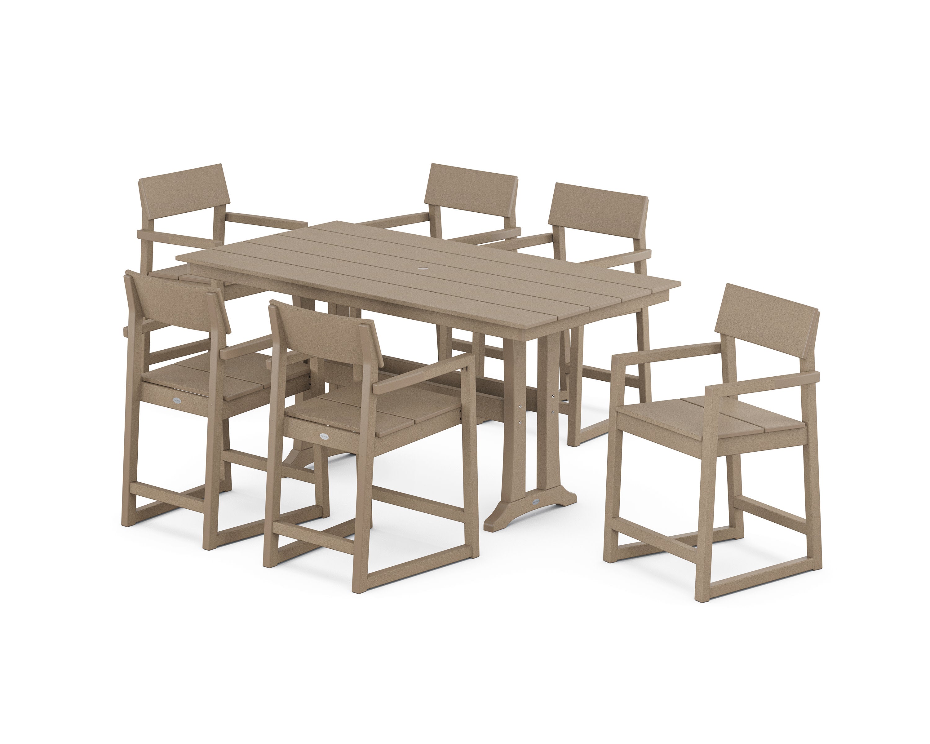 EDGE Arm Chair 7-Piece Farmhouse Counter Set with Trestle Legs in Vintage Sahara
