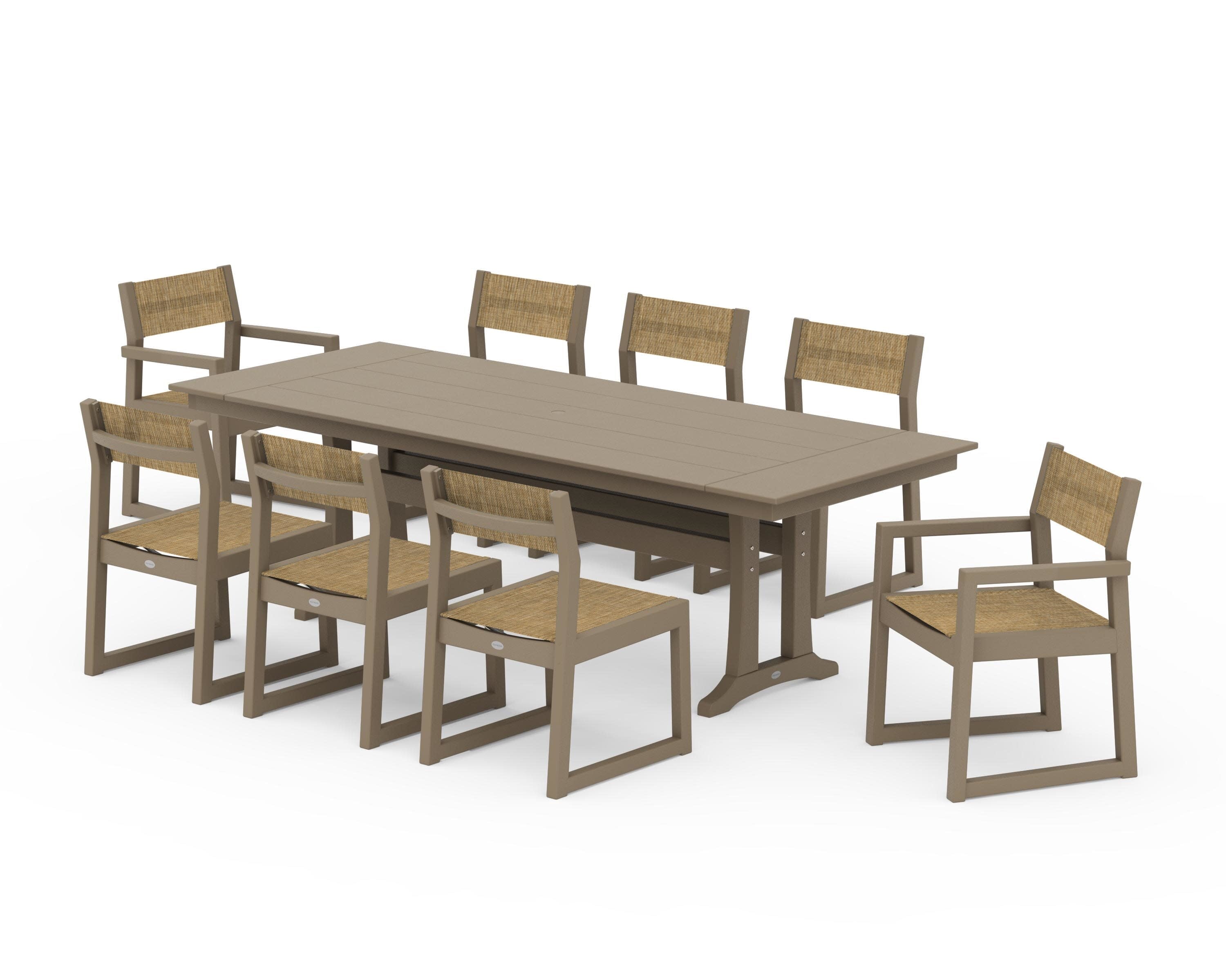 EDGE Sling 9-Piece Farmhouse Trestle Dining Set in Vintage Sahara / Burlap Sling