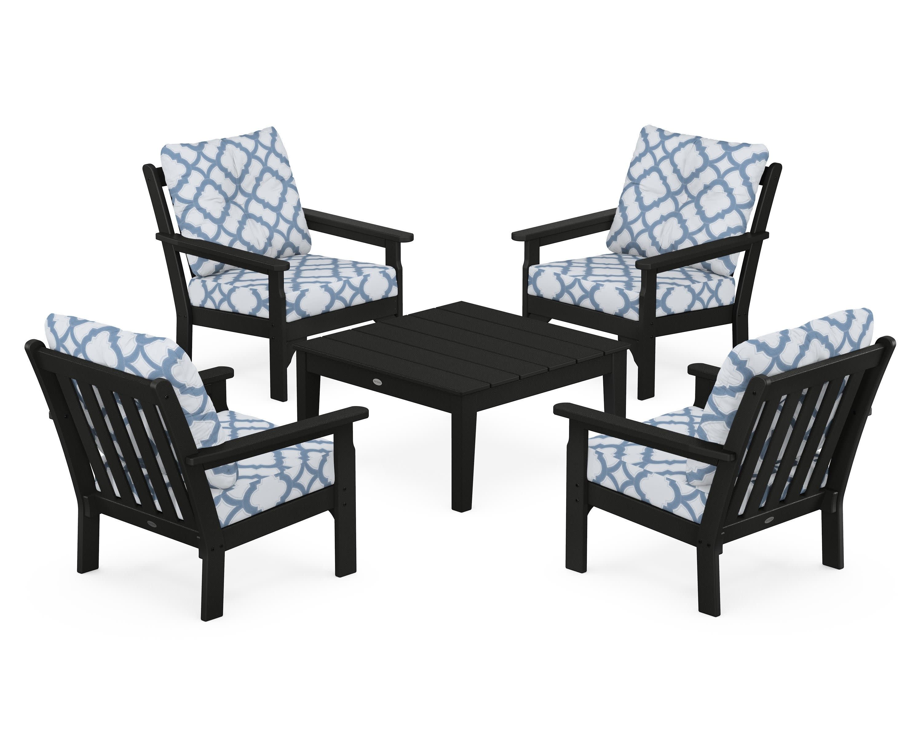Vineyard 5-Piece Deep Seating Conversation Set in Black / Trellis Sky Blue