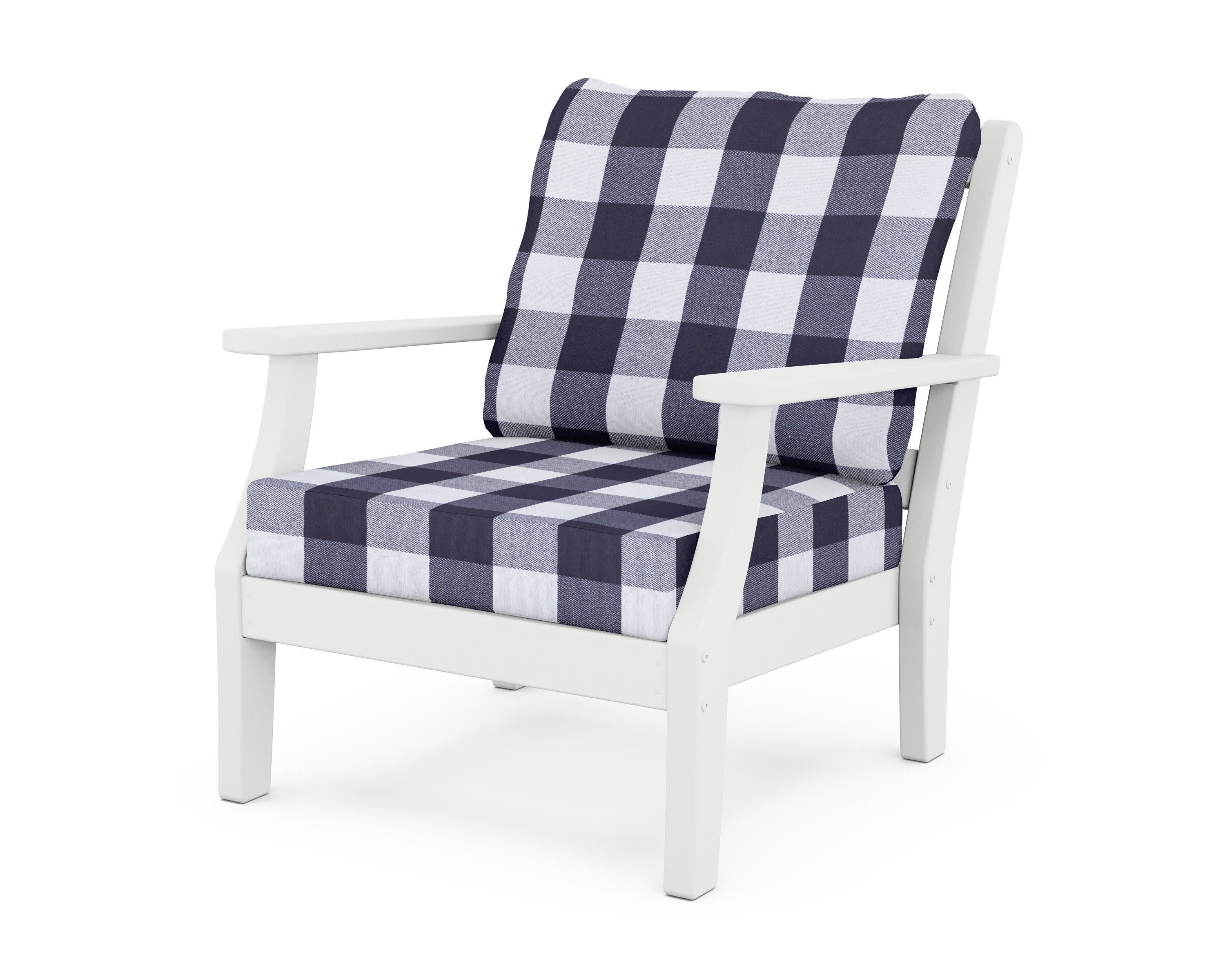 Chinoiserie Deep Seating Chair in White / Buffalo Plaid Navy