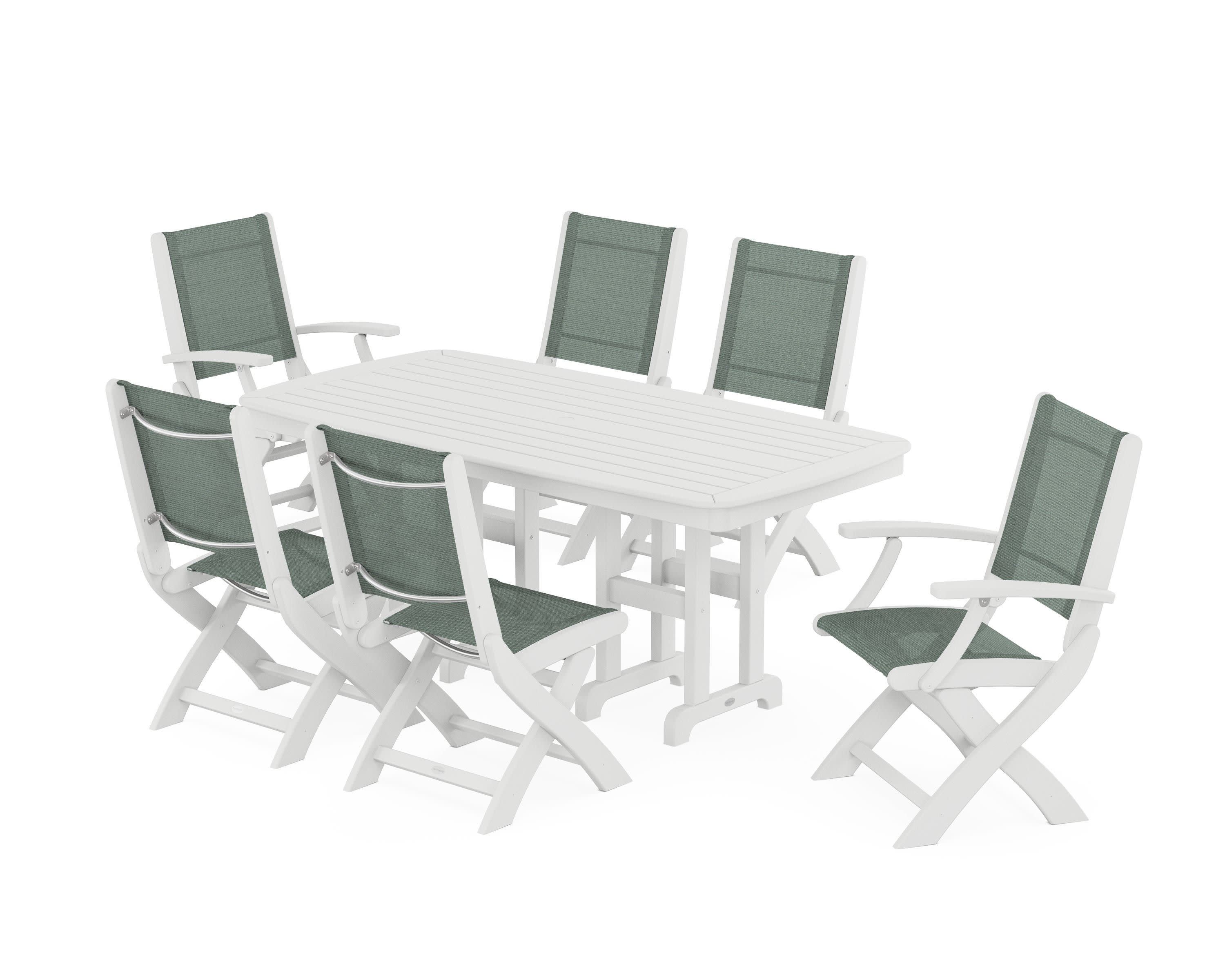 Coastal Folding Chair 7-Piece Dining Set in White / Dupioni Sea Mist Sling