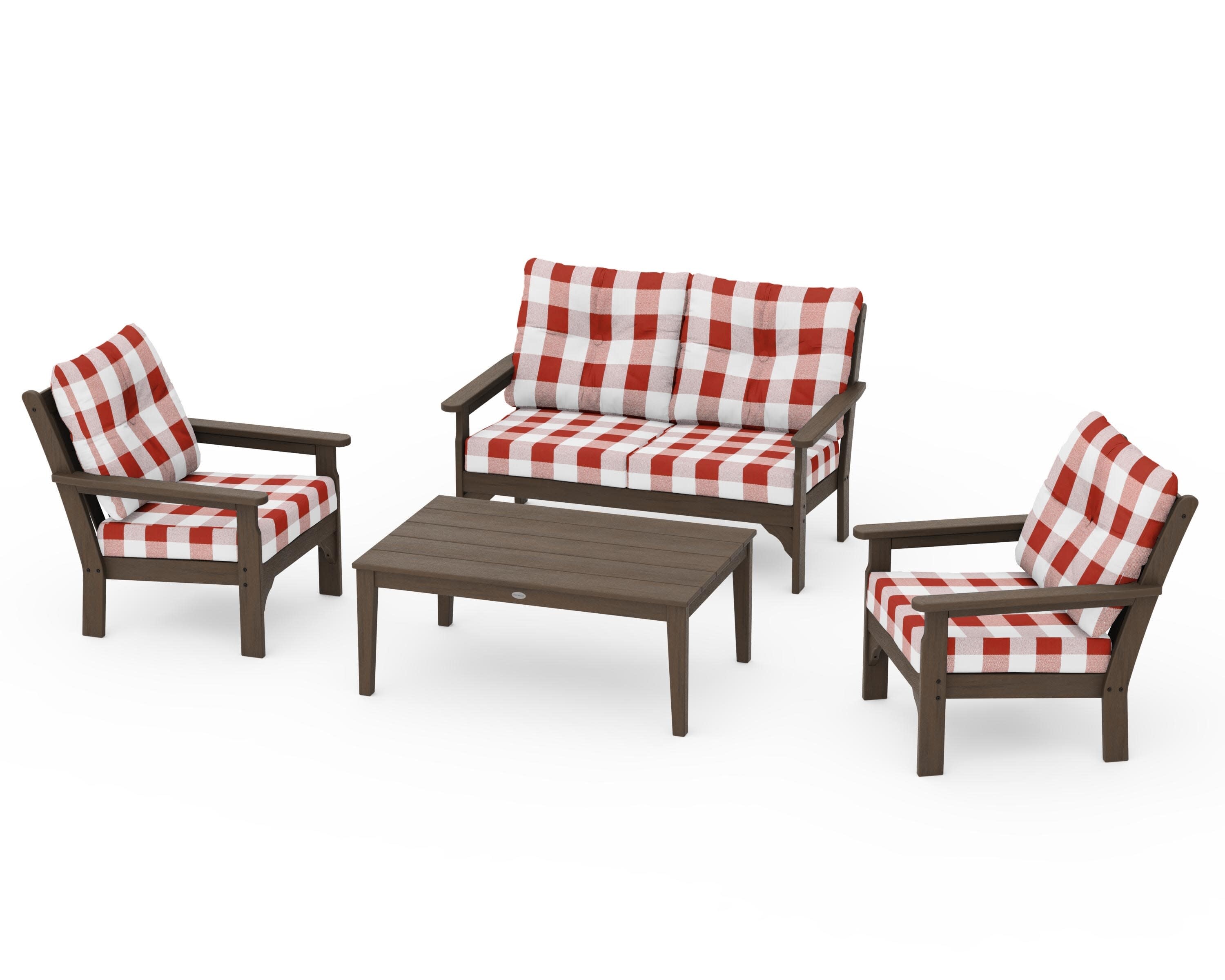 Vineyard 4-Piece Deep Seating Set in Kona / Buffalo Plaid Crimson