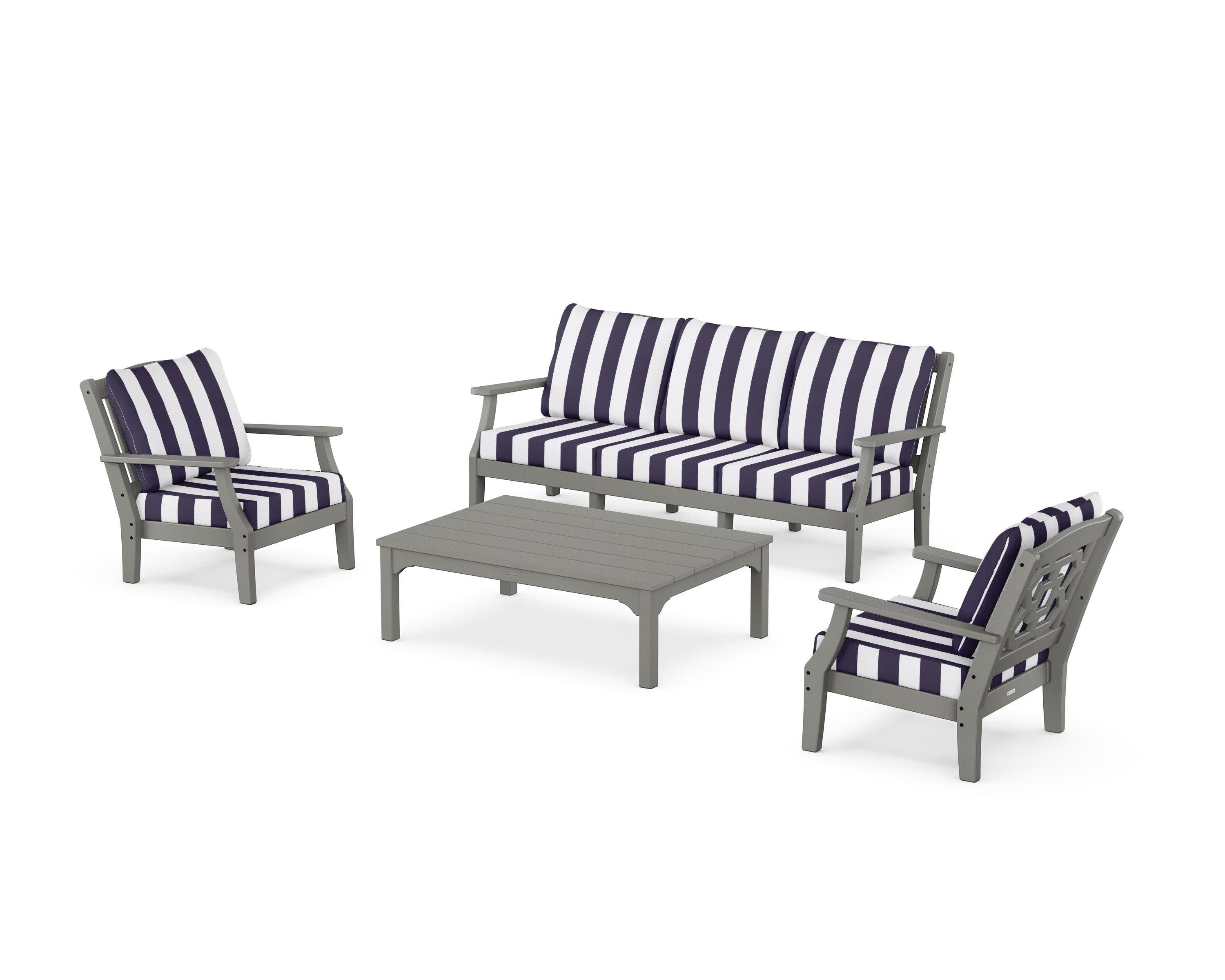 Chinoiserie 4-Piece Deep Seating Set with Sofa in Slate Grey / Cabana Stripe Navy