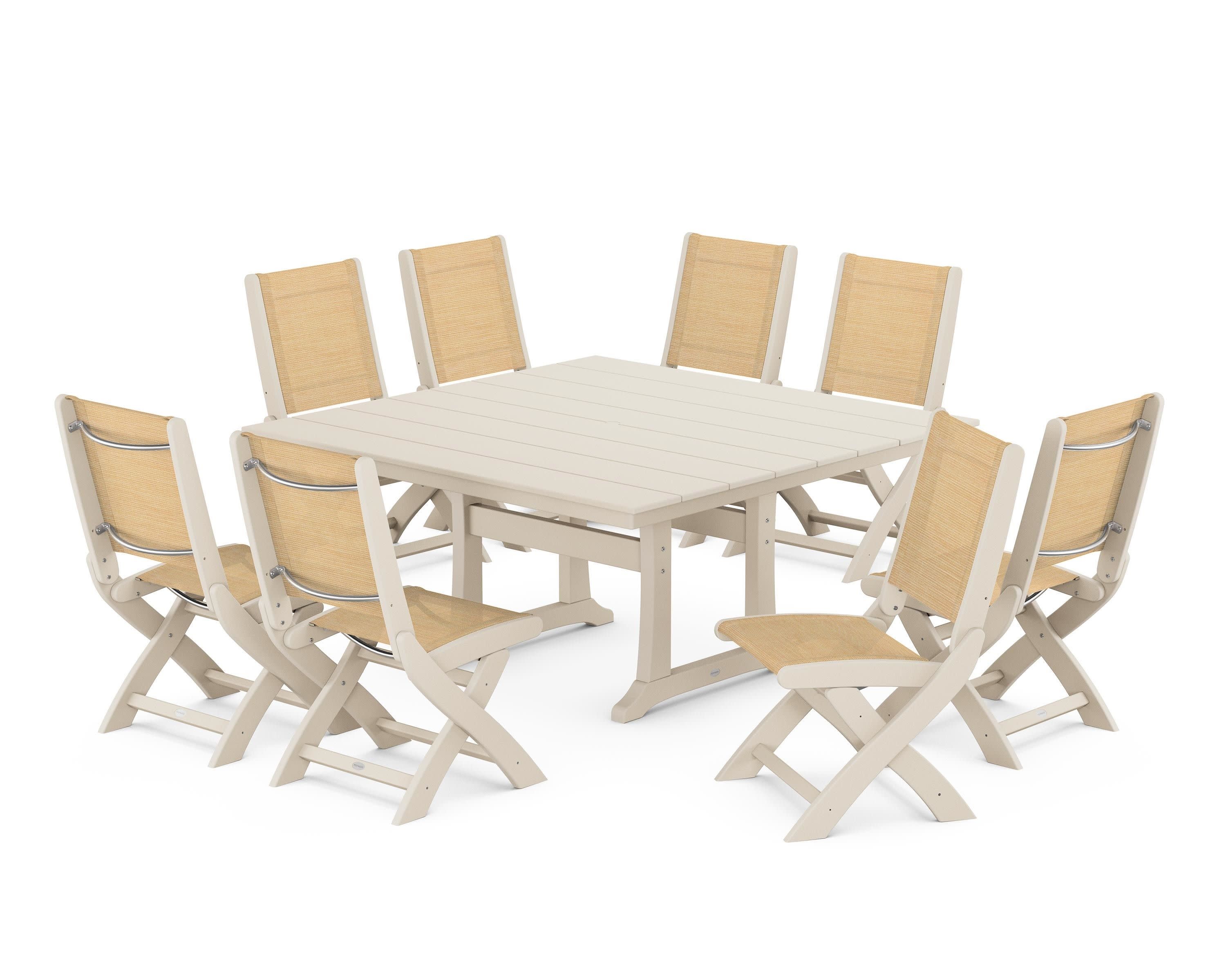 Coastal Folding Side Chair 9-Piece Farmhouse Dining Set in Sand / Dupioni Apricot Sling