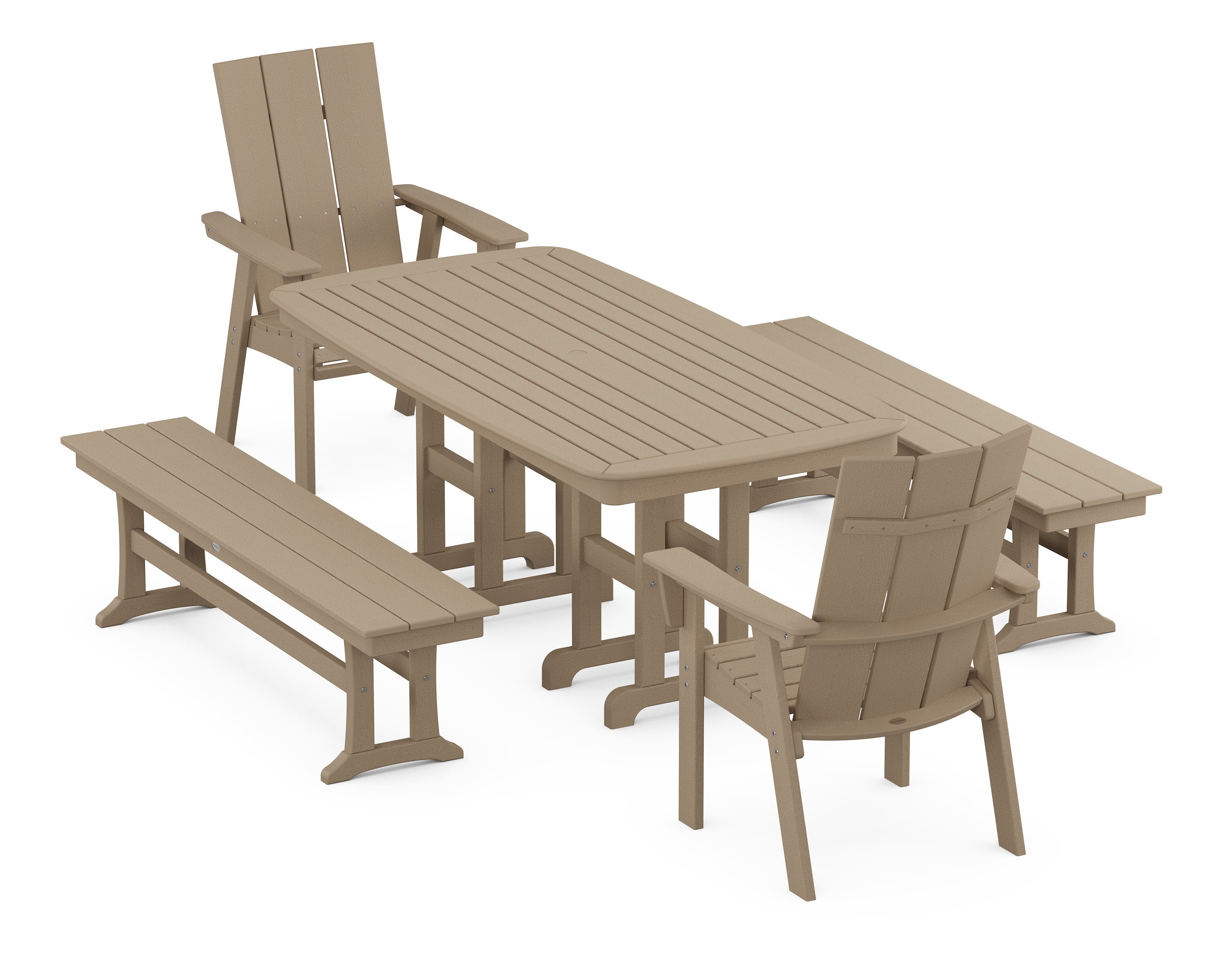 Modern Curveback Adirondack 5-Piece Dining Set with Benches in Vintage Sahara