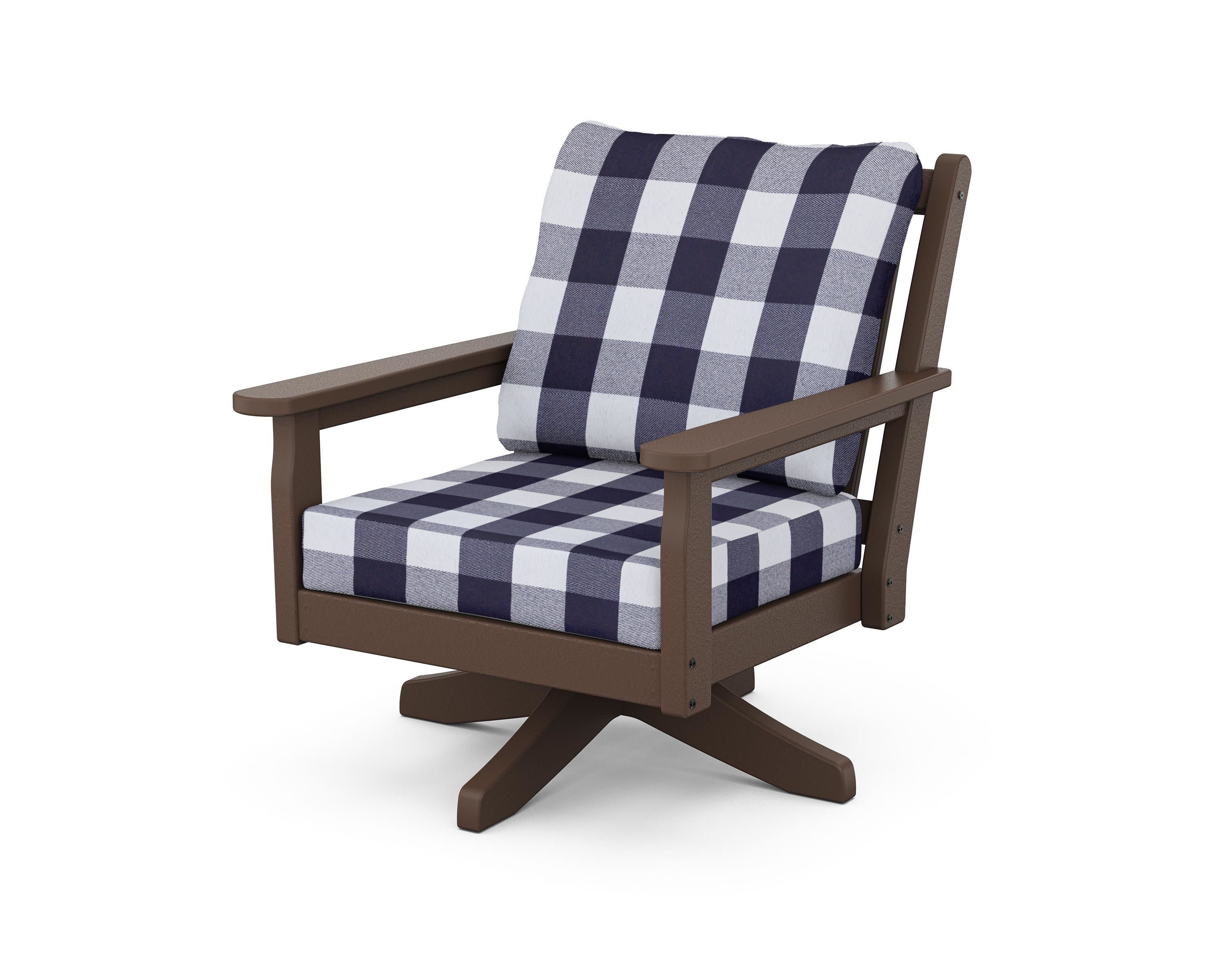 Chippendale Deep Seating Swivel Chair in Mahogany / Buffalo Plaid Navy